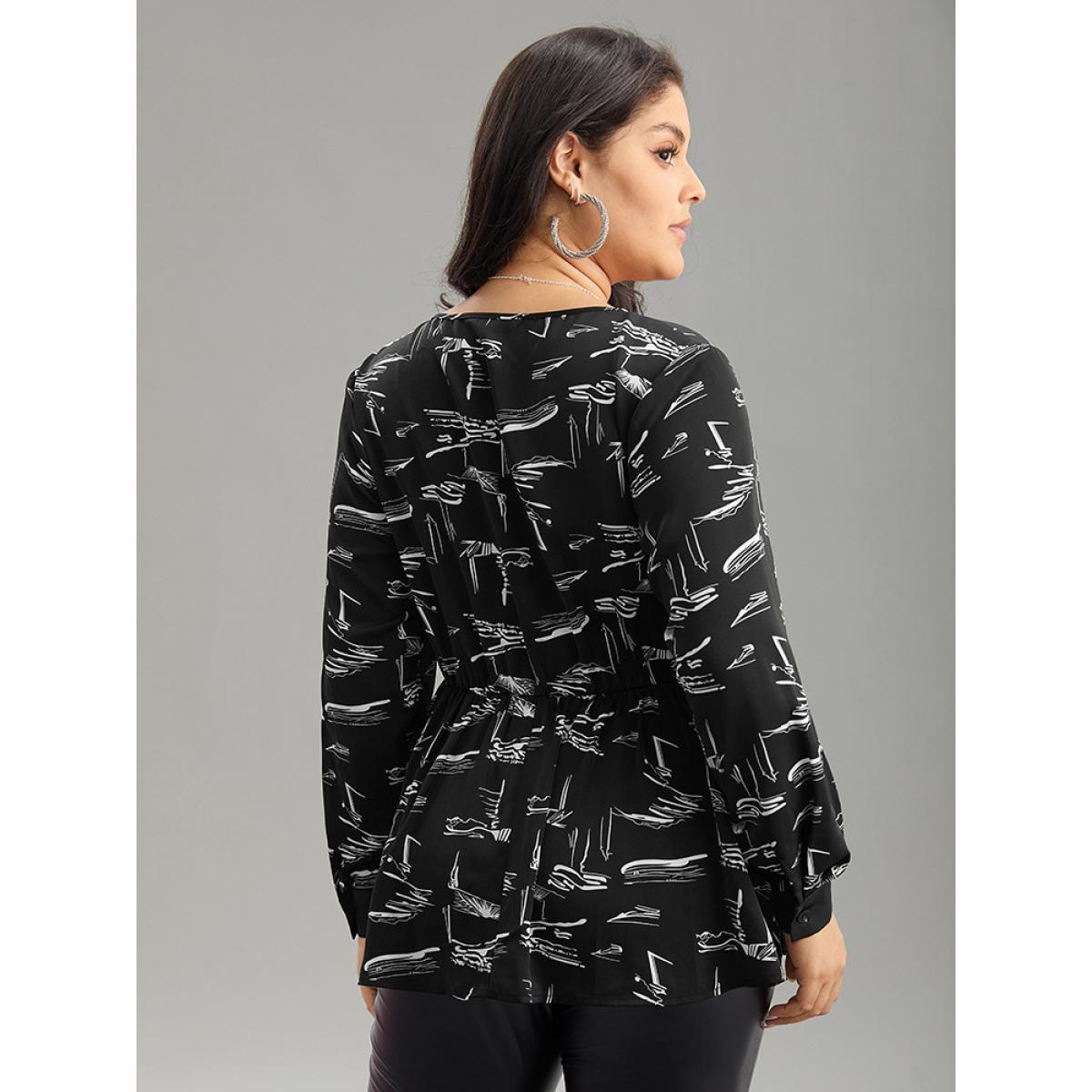 Plus Size BlackFlower Geometric Wrap Elastic Waist Ruffle Hem Blouse Women Office Long Sleeve Overlap Collar Work Blouses BloomChic 22-24/3X Product Image