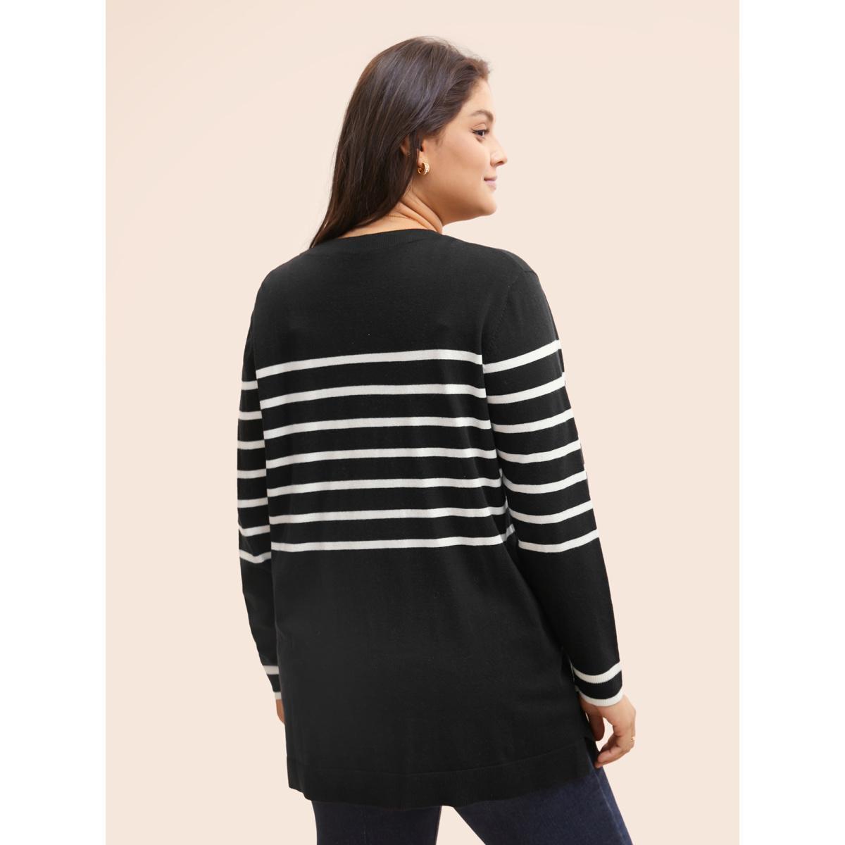 Plus Size Striped V Neck Button Up Pocket Cardigan Black Women Casual Loose Long Sleeve Everyday Cardigans BloomChic 12/L Product Image