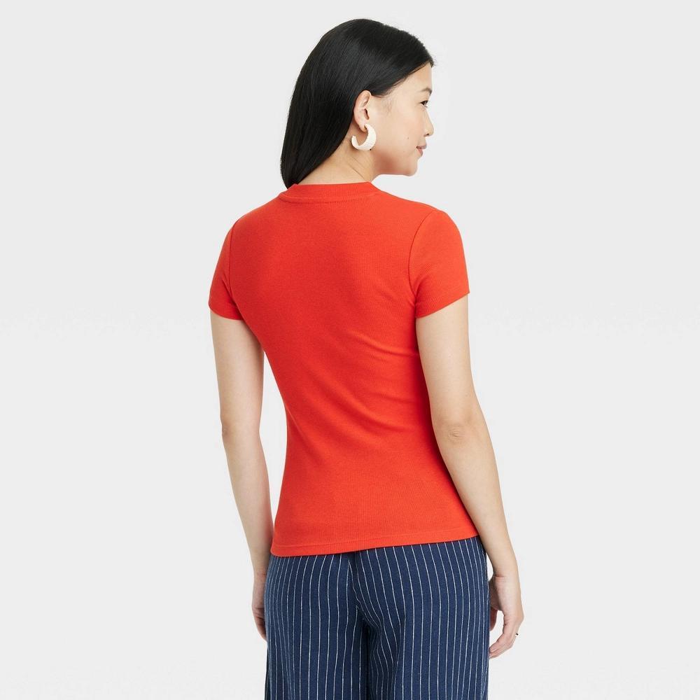 Women's Slim Fit Short Sleeve Ribbed T-Shirt - A New Day™ Red M: Cotton Modal Blend, Crew Neck, Pullover Style Product Image