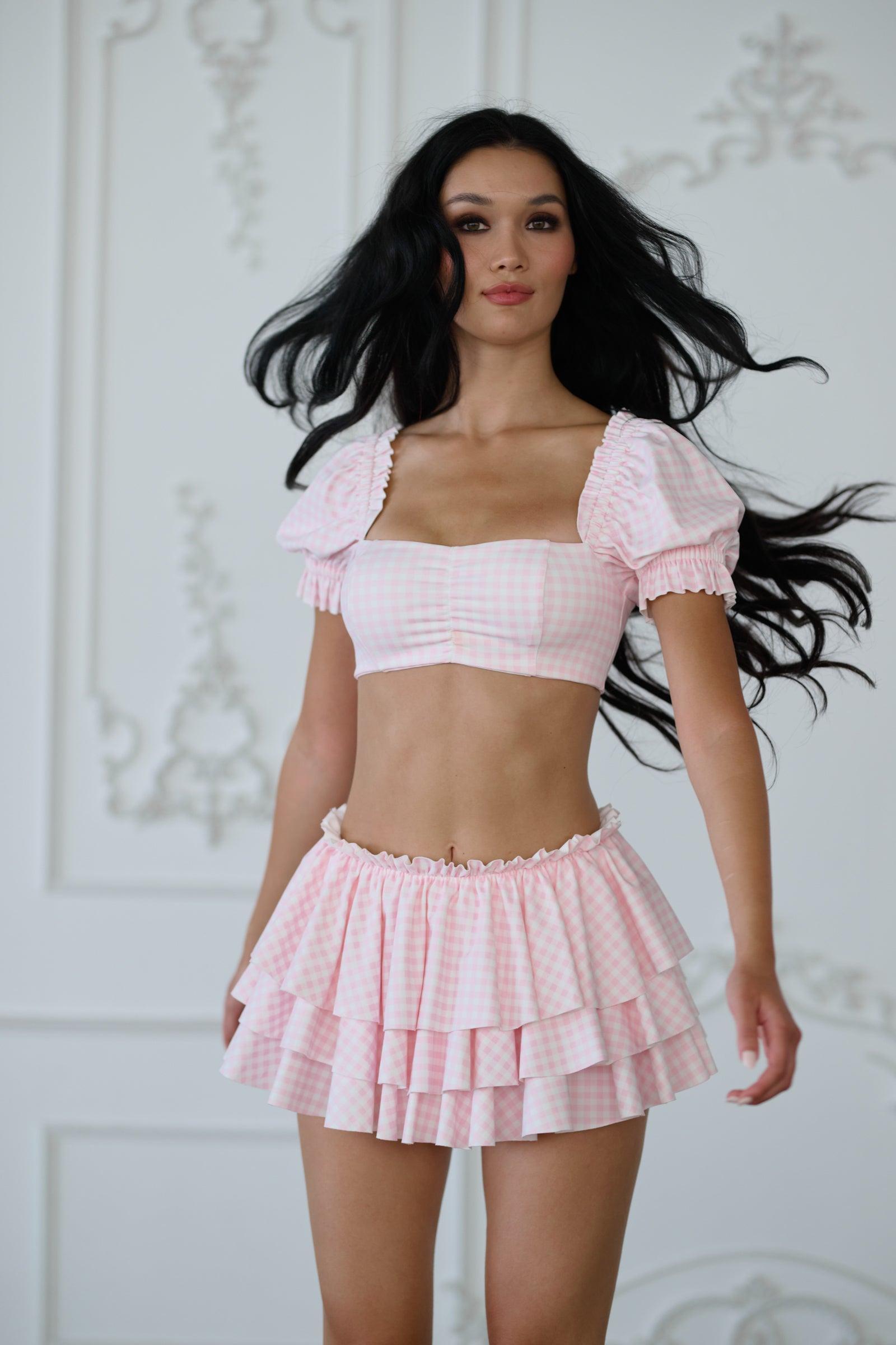 The Pink Gingham Babydoll Bikini Top Product Image