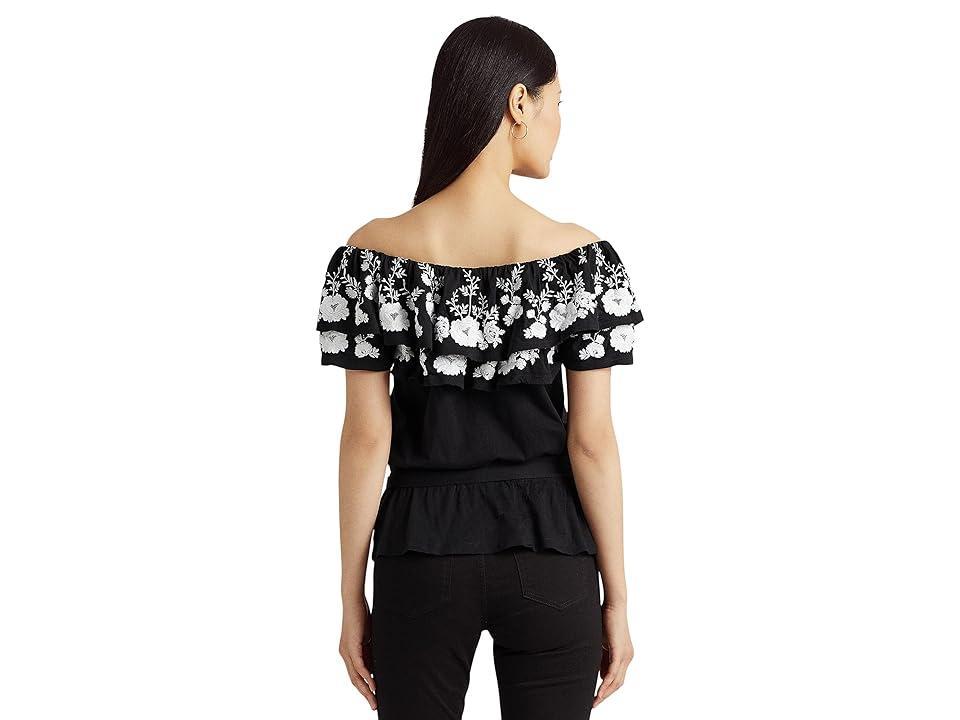 Lauren Ralph Lauren Embroidered Jersey Off-the-Shoulder Top White) Women's Clothing Product Image
