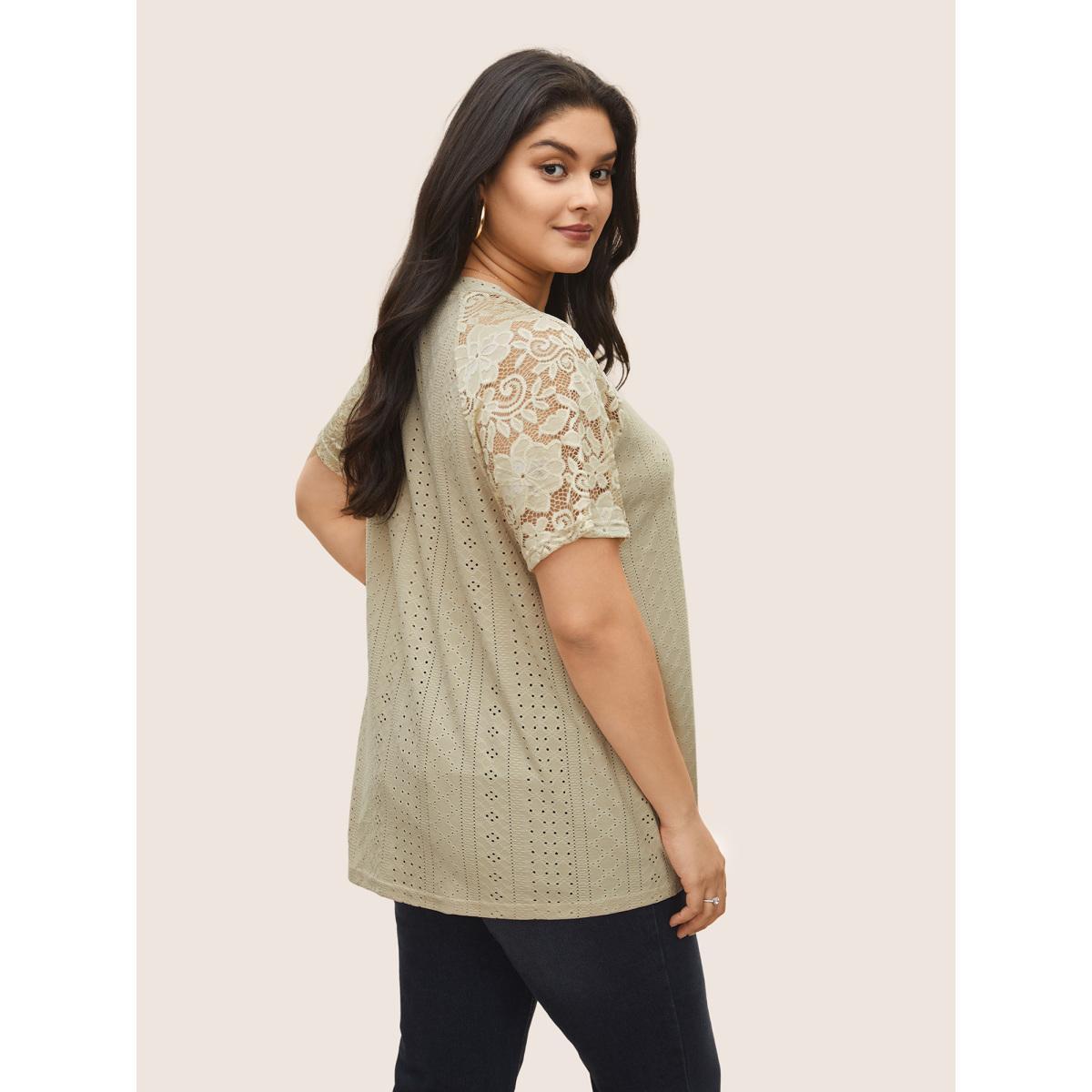 Plus Size Solid Broderie Anglaise Lace Raglan Sleeve T-shirt Champagne Women Elegant See through Plain Round Neck Everyday T-shirts BloomChic 22-24/3X Product Image