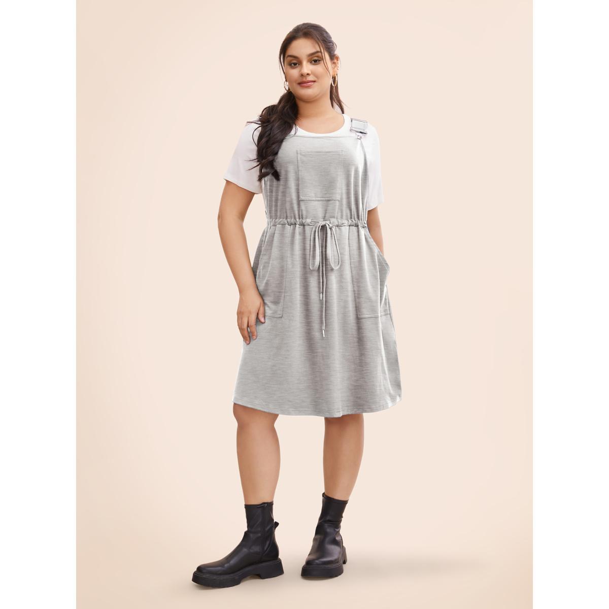 Plus Size Plain Pocket Drawstring Overall Dress LightGray Women Casual Non Non Sleeveless Curvy BloomChic 28/5X Product Image
