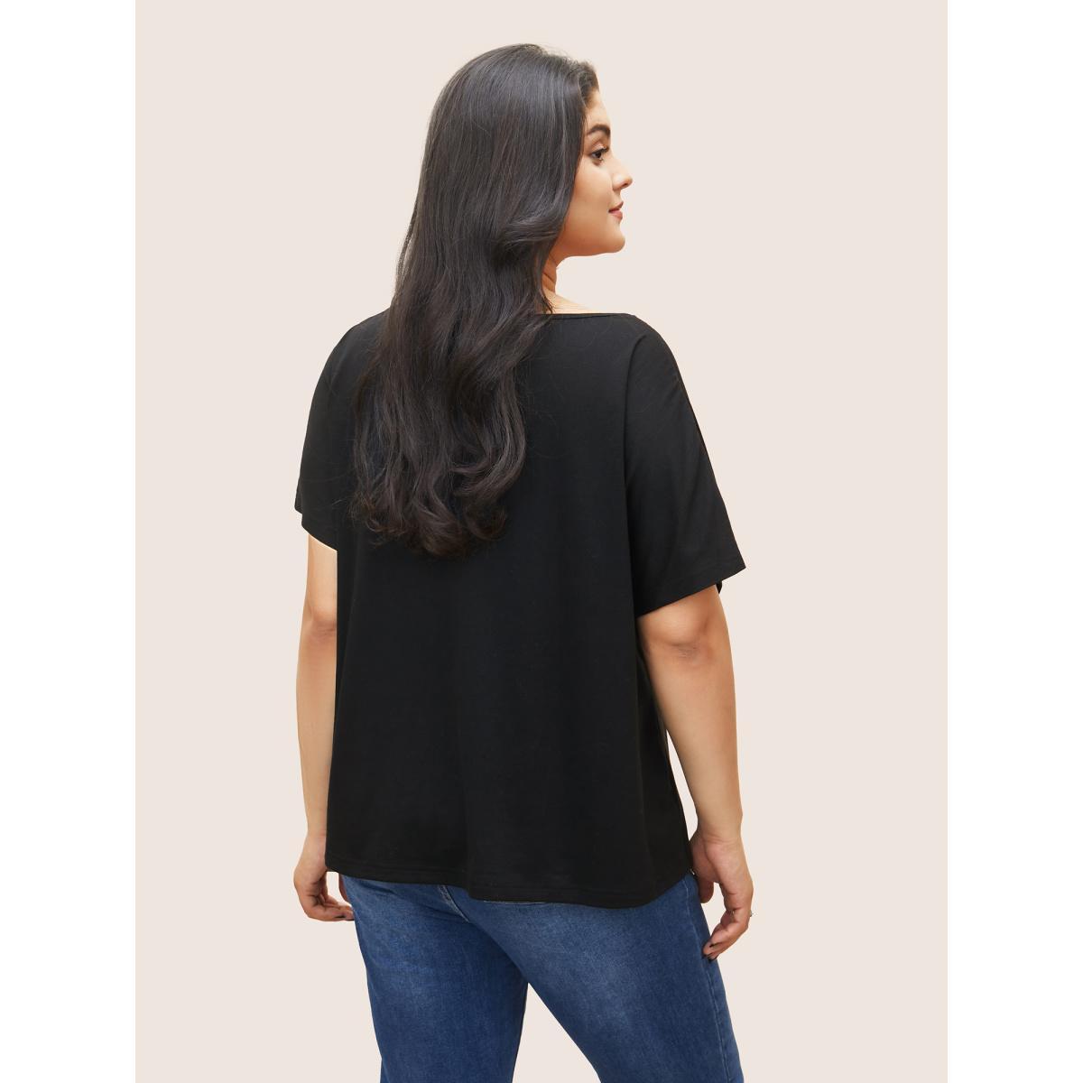 Plus Size Floral Embroidered Batwing Sleeve T-shirt Black Women Resort Embroidered Floral V-neck Vacation T-shirts BloomChic 22-24/3X Product Image
