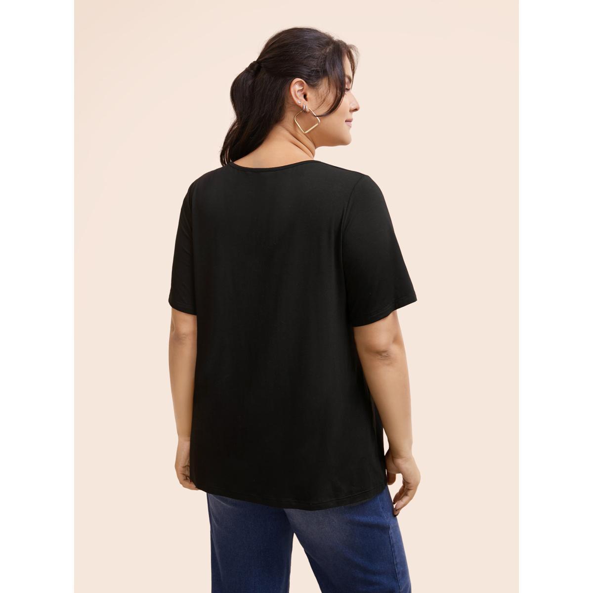 Plus Size Plain V Neck Button Detail Flutter Sleeve T-shirt Black Women Casual Plain Plain V-neck Dailywear T-shirts BloomChic 22-24/3X Product Image