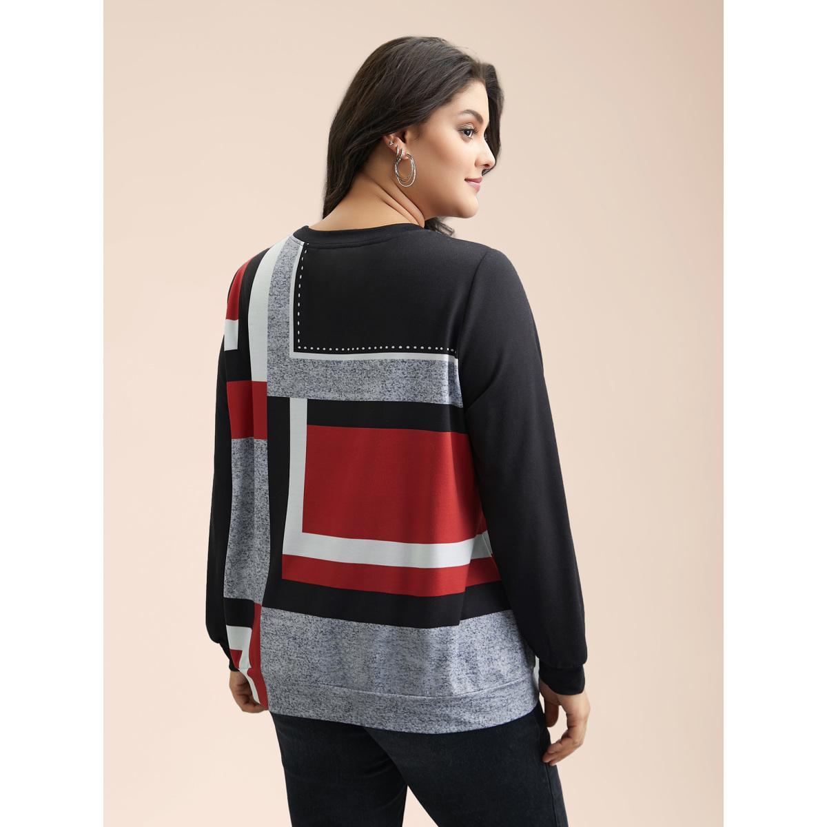 Plus Size Geometric Print Round Neck Fitted Sweatshirt Women Multicolor Casual Contrast Round Neck Everyday Sweatshirts BloomChic 22-24/3X Product Image