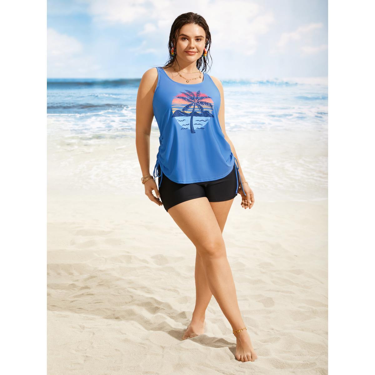 Plus Size Island Print Drawstring Adjustable Swim Top Women's Swimwear Skyblue Beach Contrast High stretch Loose U-neck Curve Swim Tops BloomChic 30/6X Product Image