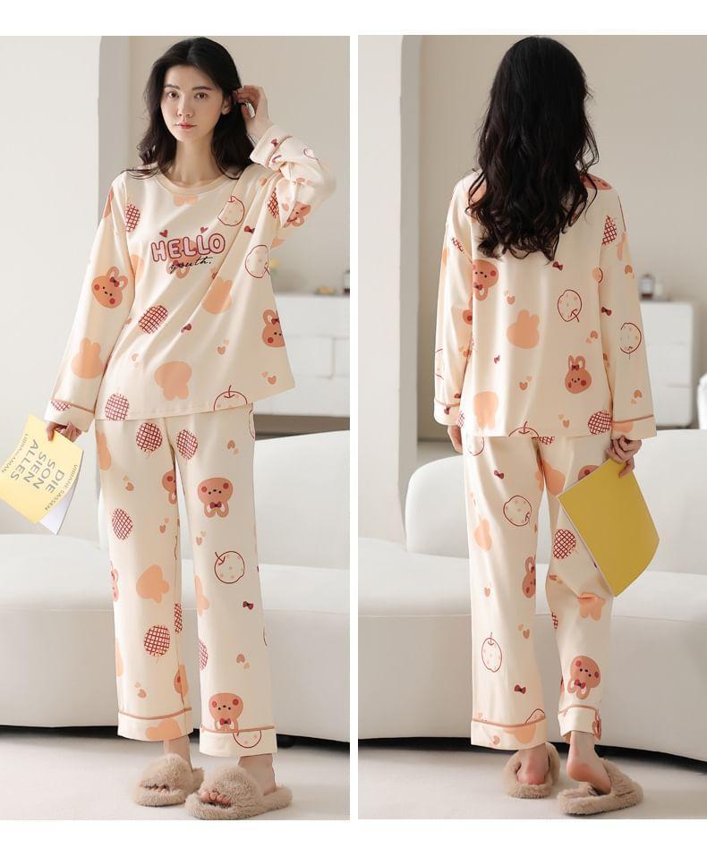 Loungewear Set : Long-Sleeve Rabbit Print Padded T-Shirt + Pants Product Image
