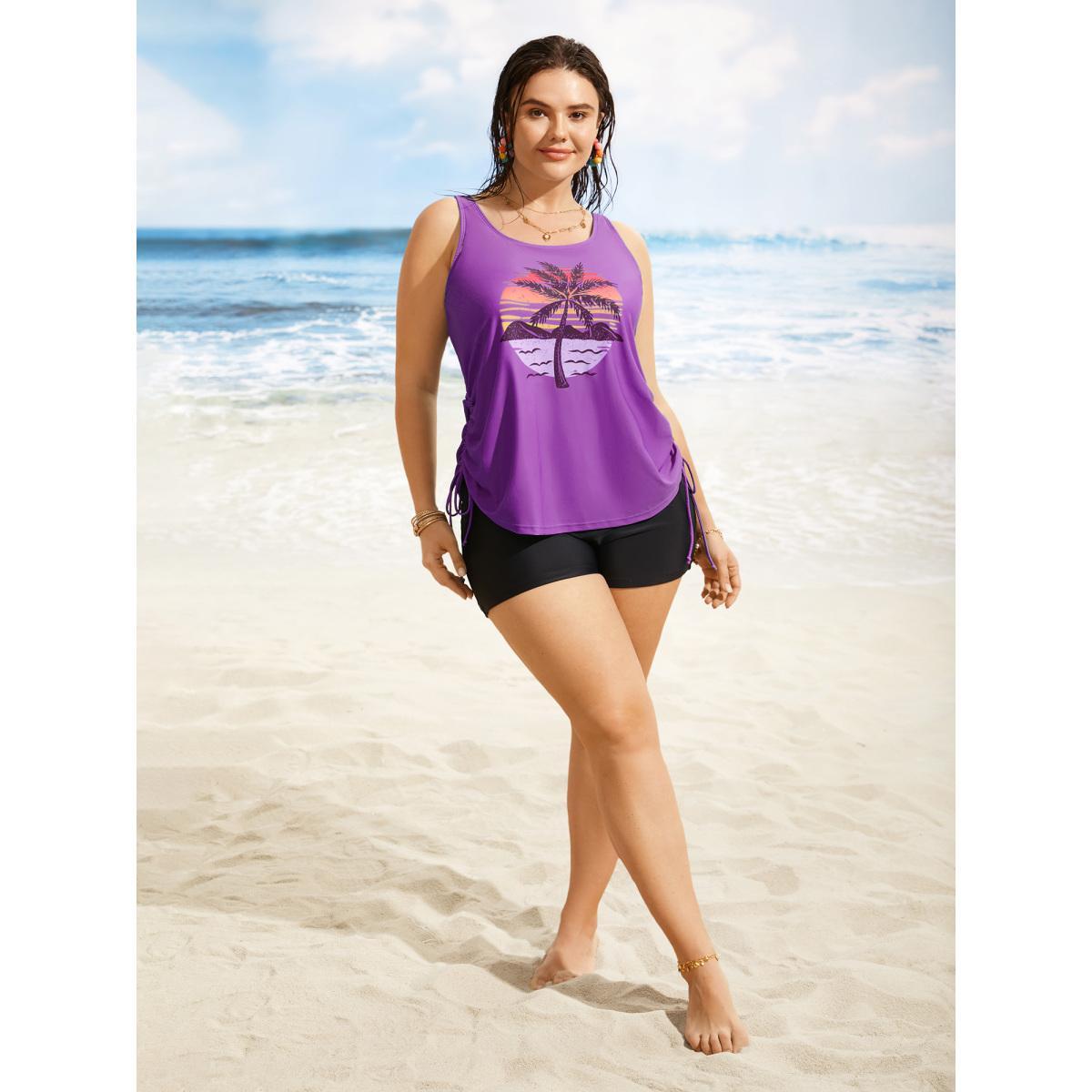 Plus Size Island Print Drawstring Adjustable Swim Top Women's Swimwear Lilac Beach Contrast High stretch Loose U-neck Curve Swim Tops BloomChic 14-16/1X Product Image