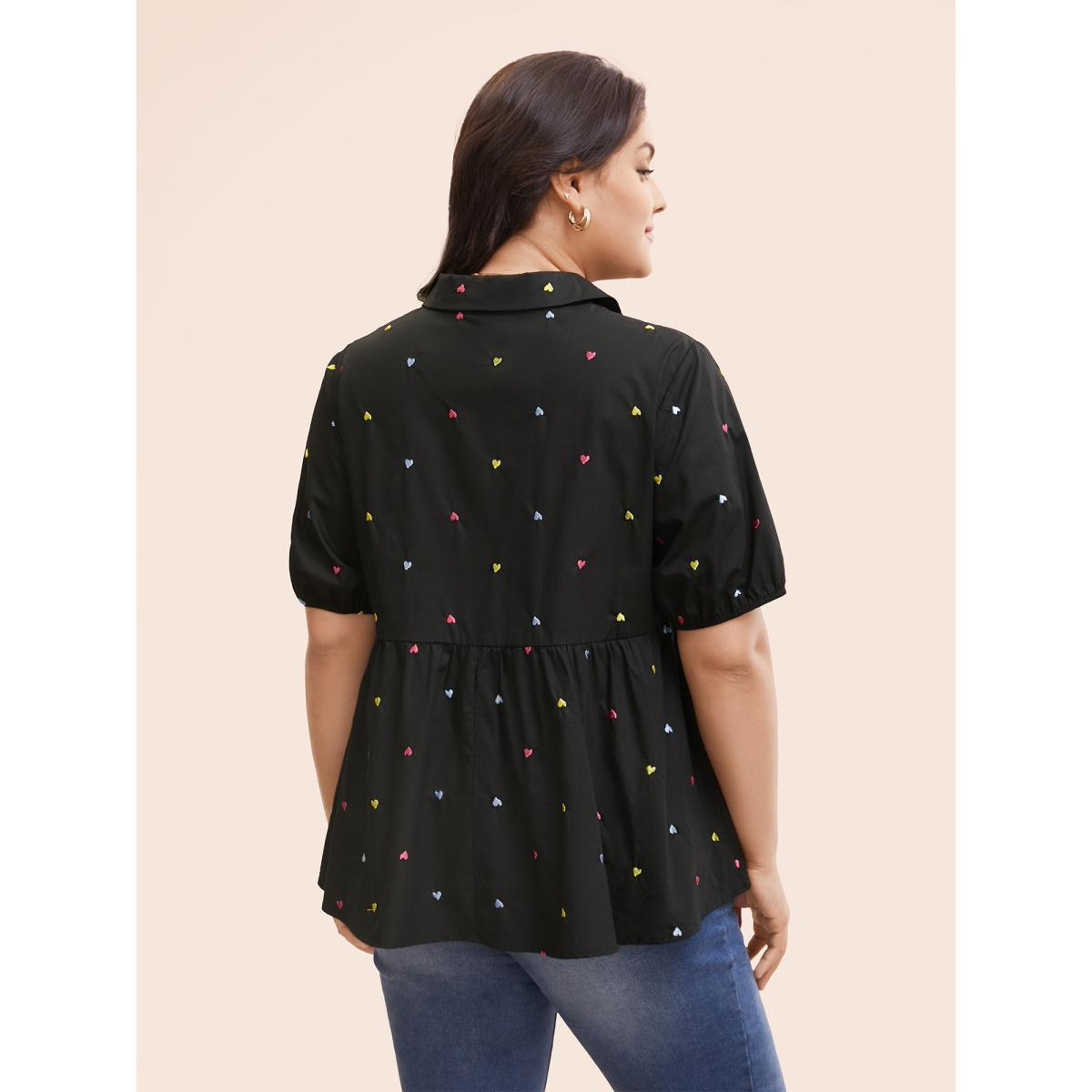 Plus Size Black Cotton Geometric Embroidery Tunic Blouse Women Casual Short sleeve Shirt collar Everyday Blouses BloomChic 14-16/1X Product Image