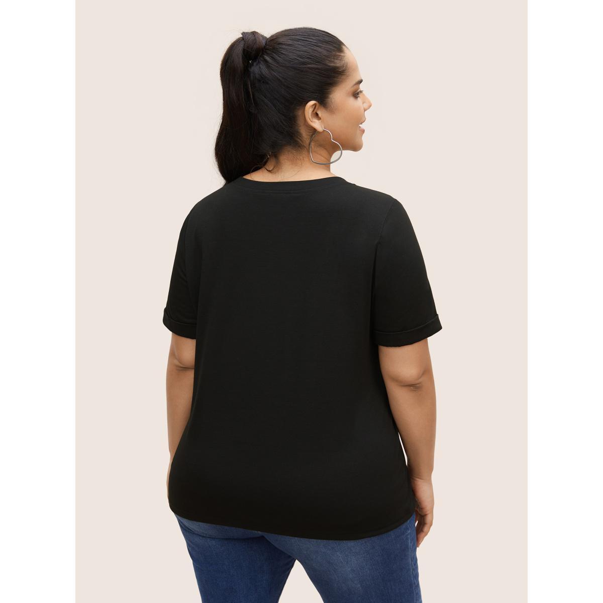 Plus Size Star Embroidered Patch Round Neck T-shirt Black Women Casual Contrast Star and moon Round Neck Everyday T-shirts BloomChic 30/6X Product Image