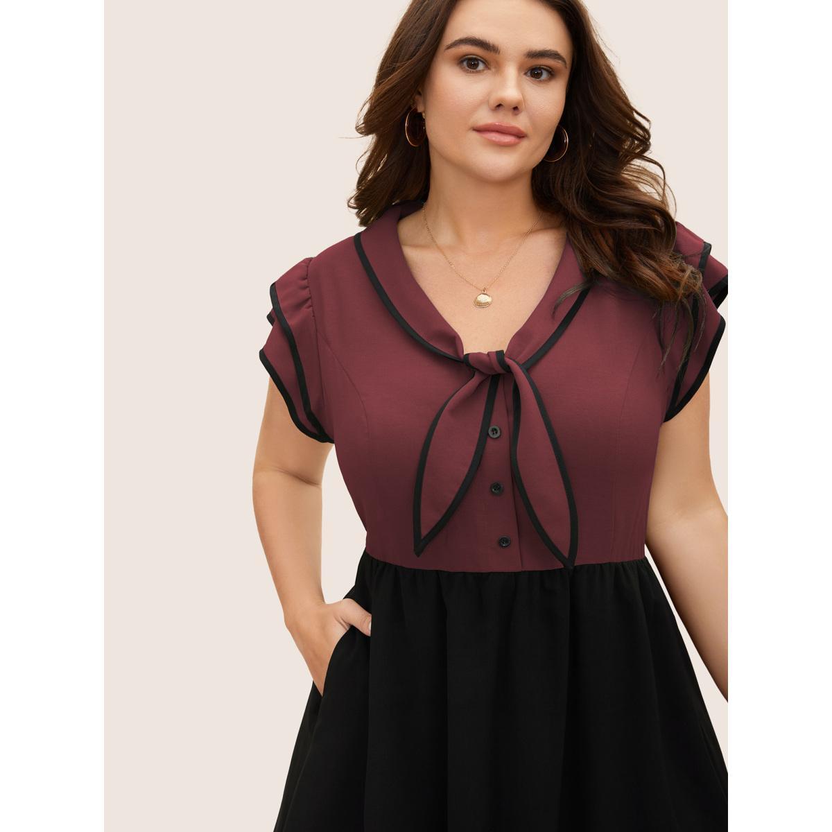 Plus Size Two-colored Knot Tie Midi Dress Burgundy Women Elegant Tie knot V-neck Cap Sleeve Curvy BloomChic 28/5X Product Image