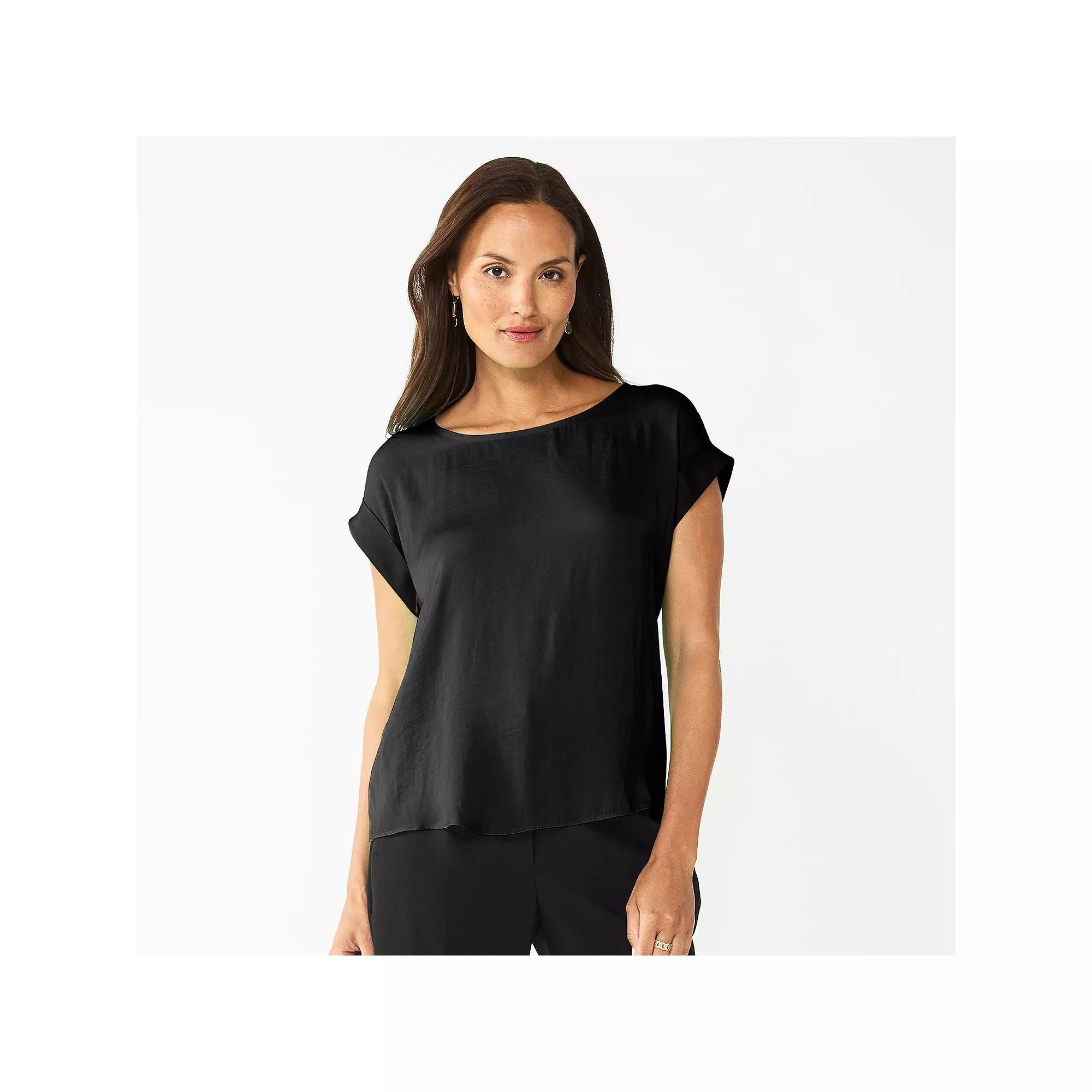 Women's Nine West Roll Cuff Woven Tee, Size: Medium, Mineral Black Product Image