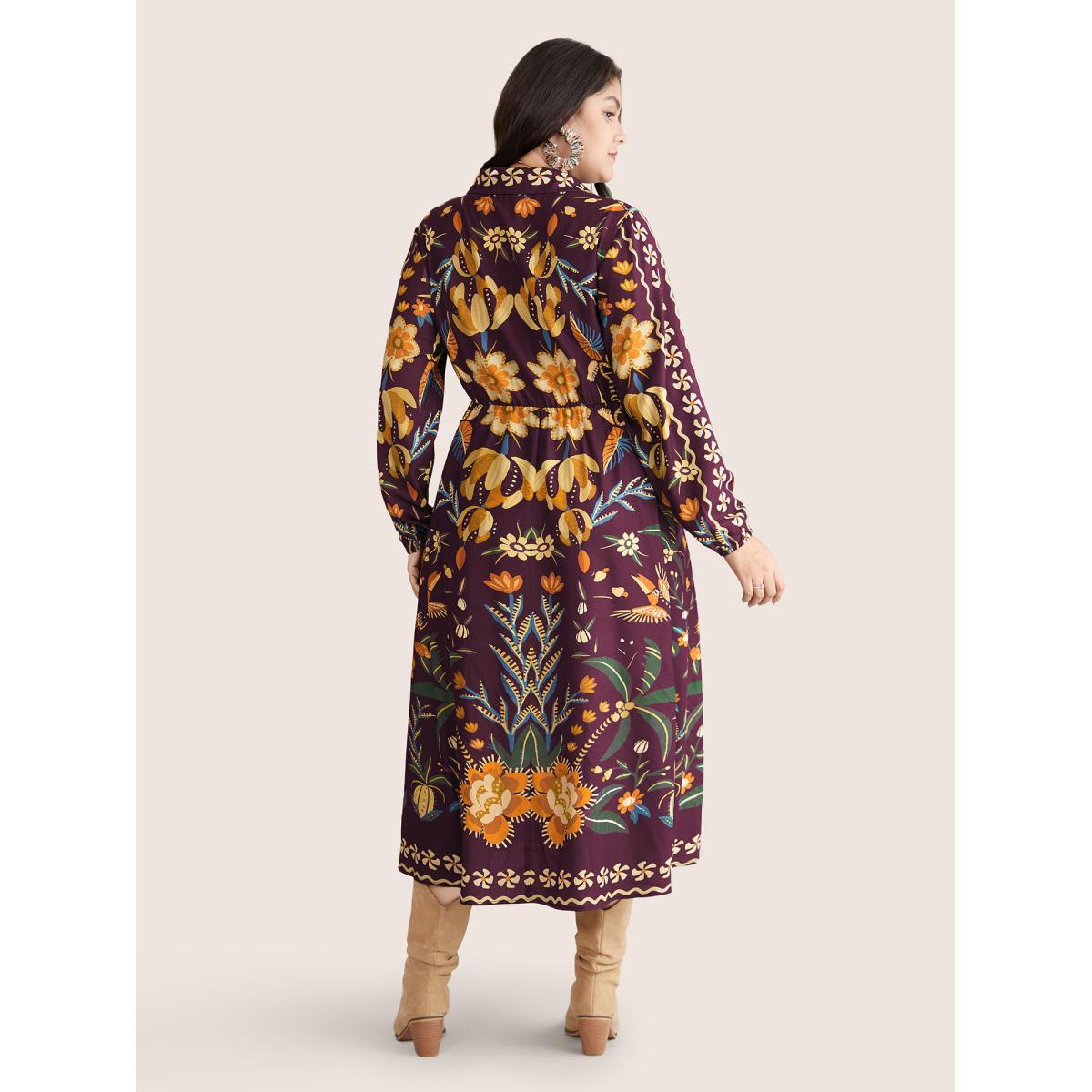 Plus Size Bandana Print Pocket Lapel Collar Elastic Cuffs Dress Deeppurplered Women Resort Non V-neck Long Sleeve Curvy Midi Dress BloomChic 22-24/3X Product Image