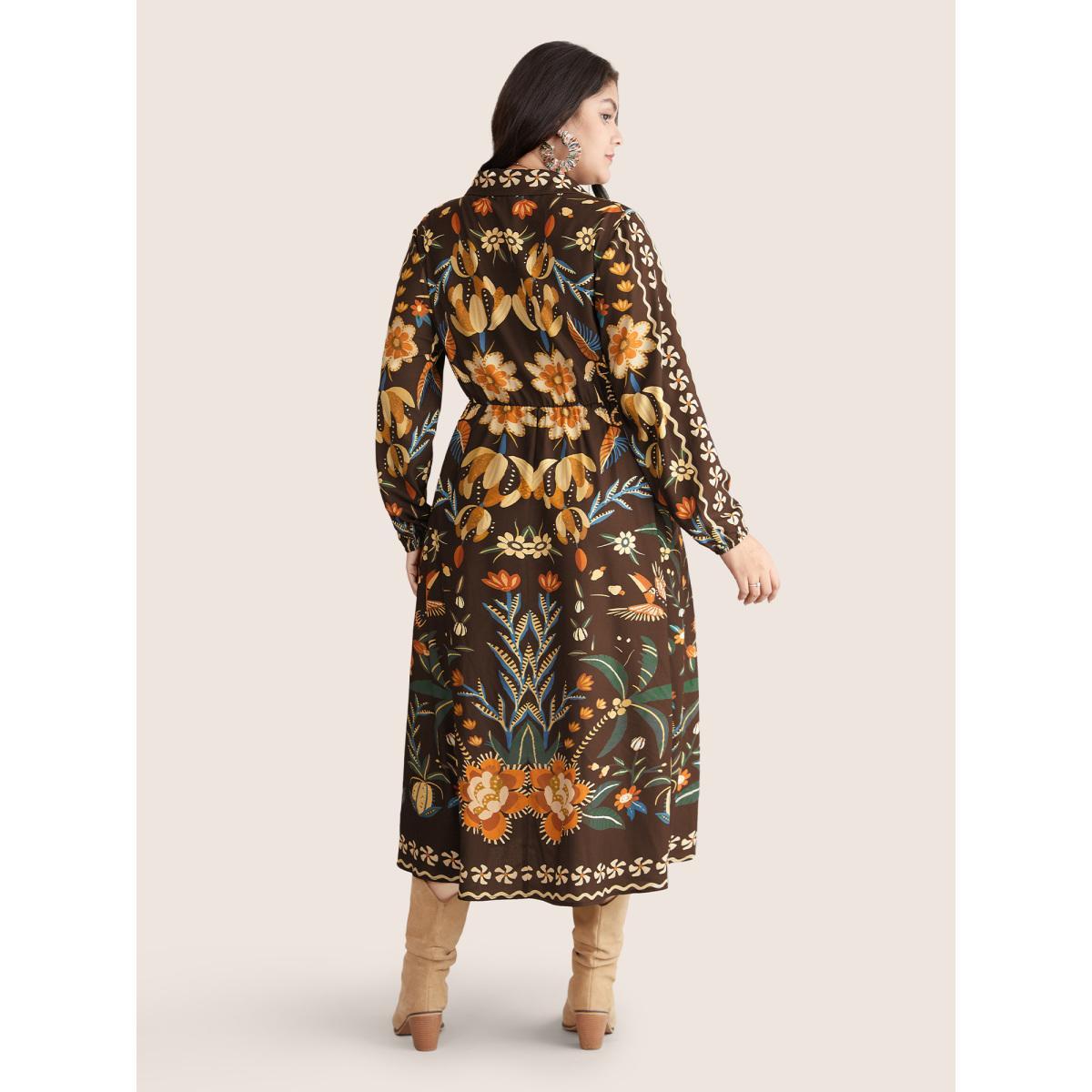 Plus Size Bandana Print Pocket Lapel Collar Elastic Cuffs Dress DarkBrown Women Resort Non V-neck Long Sleeve Curvy Midi Dress BloomChic 14-16/1X Product Image
