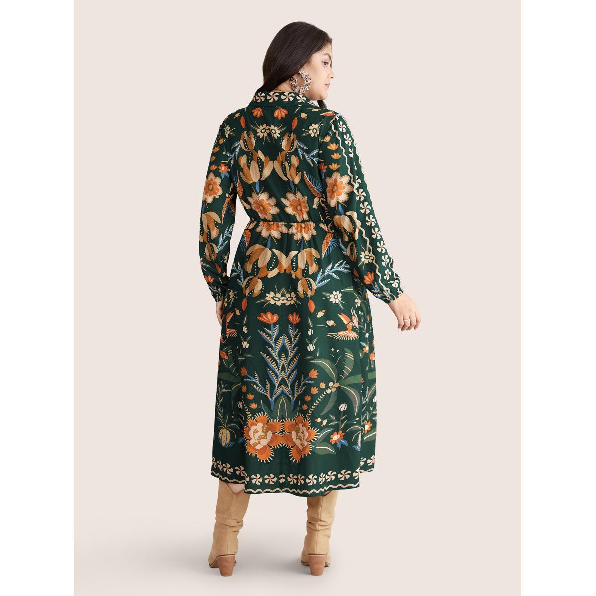 Plus Size Bandana Print Pocket Lapel Collar Elastic Cuffs Dress DarkGreen Women Resort Non V-neck Long Sleeve Curvy Midi Dress BloomChic 30/6X Product Image