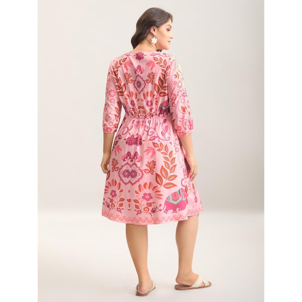 Plus Size Boho Print V-Neck Pockets Midi Dress Blush Women Resort Non V-neck Elbow-length sleeve Curvy BloomChic 30/6X Product Image