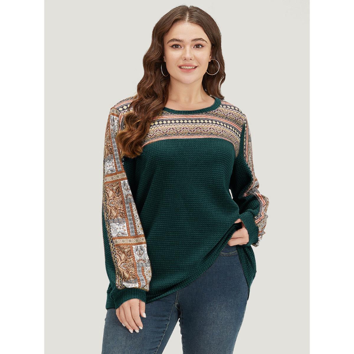 Plus Size Boho Print Patchwork Waffle Knit Crew Neck Sweatshirt Women Burgundy Casual Elastic cuffs Round Neck Dailywear Sweatshirts BloomChic 14-16/1X Product Image