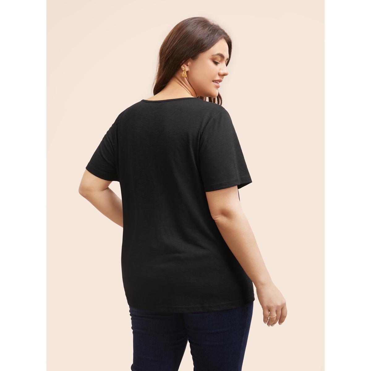 Plus Size Crew Neck Stretch Lace Patchwork T-shirt Black Women Elegant Patchwork Non Everyday T-shirts BloomChic 22-24/3X Product Image