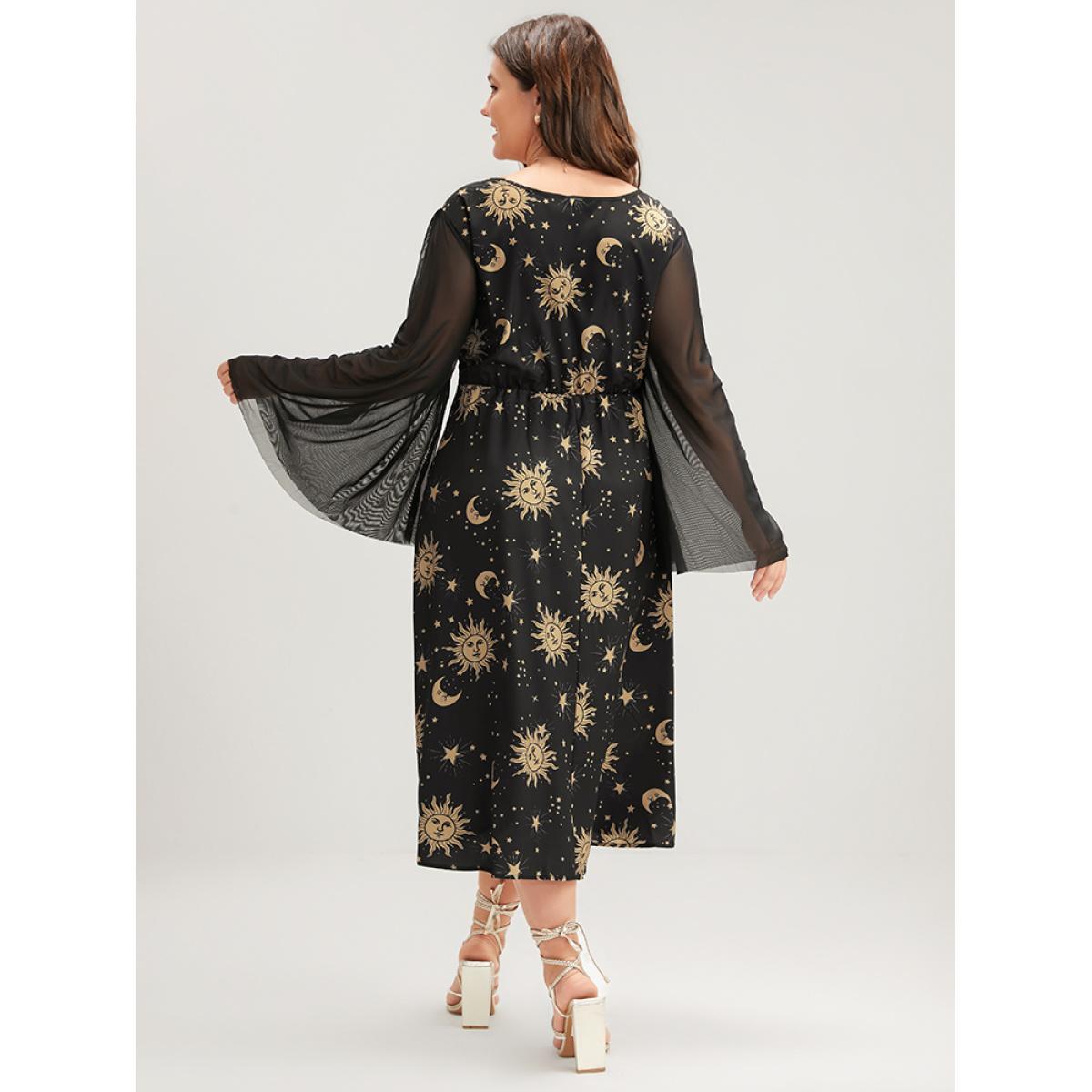 Plus Size Halloween Moon And Star Bell Sleeve Pocket Crew Neck Midi Dress Black Women Elegant Patchwork Round Neck Long Sleeve Curvy Midi Dress BloomChic 12/L Product Image