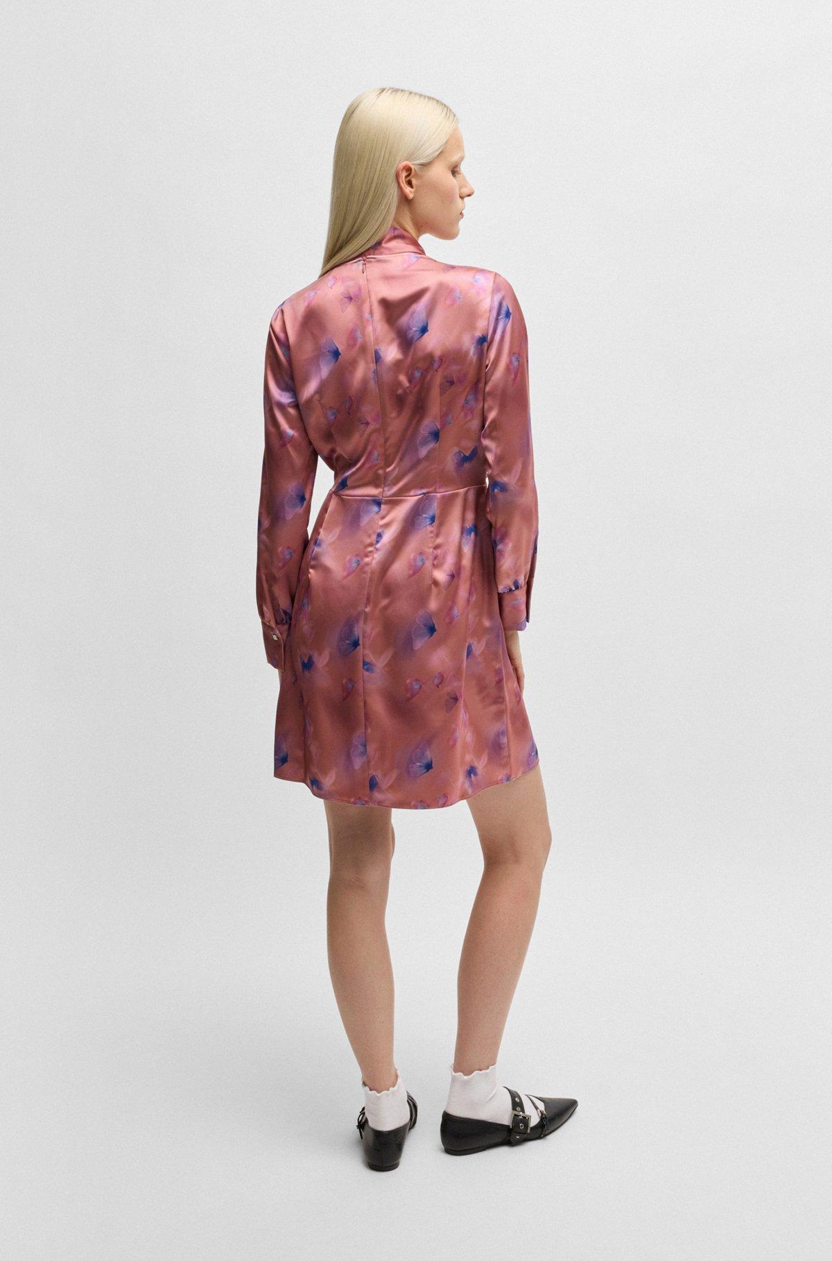Wrap-front dress with butterfly print and button cuffs Product Image