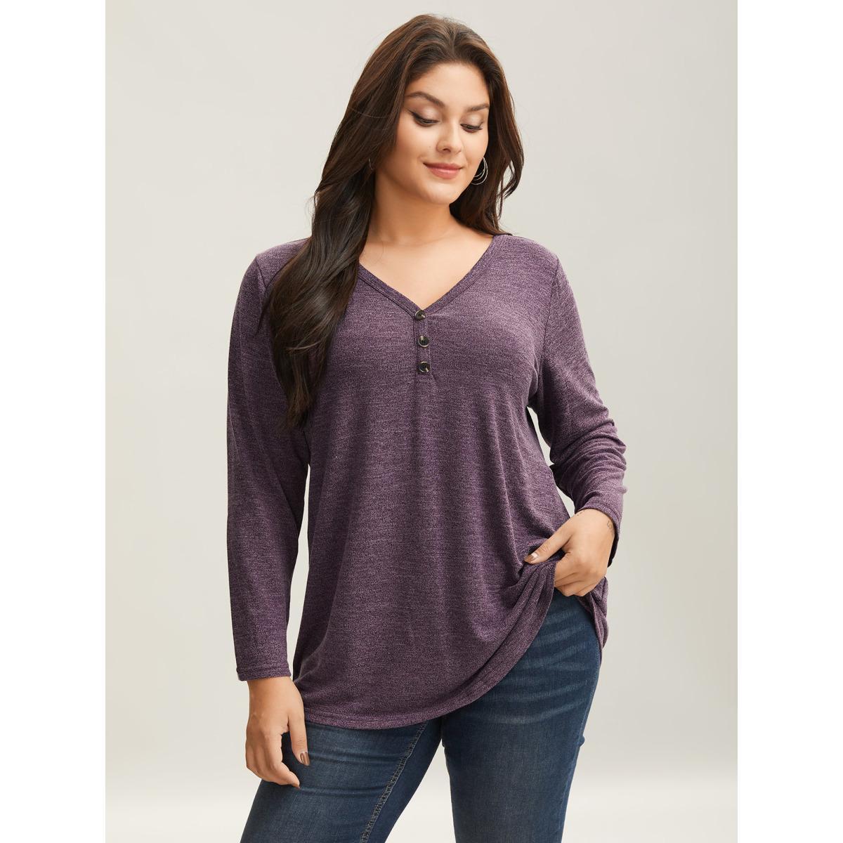 Plus Size Heather Button Up Long Sleeve T-shirt Purple Women Casual Heather Plain V-neck Everyday T-shirts BloomChic 26/4X Product Image
