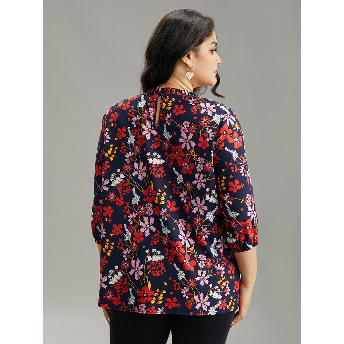 Plus Size Multicolor Floral Print Frill Trim Cut Out Blouse Women Elegant Elbow-length sleeve Round Neck Everyday Blouses BloomChic 22-24/3X Product Image