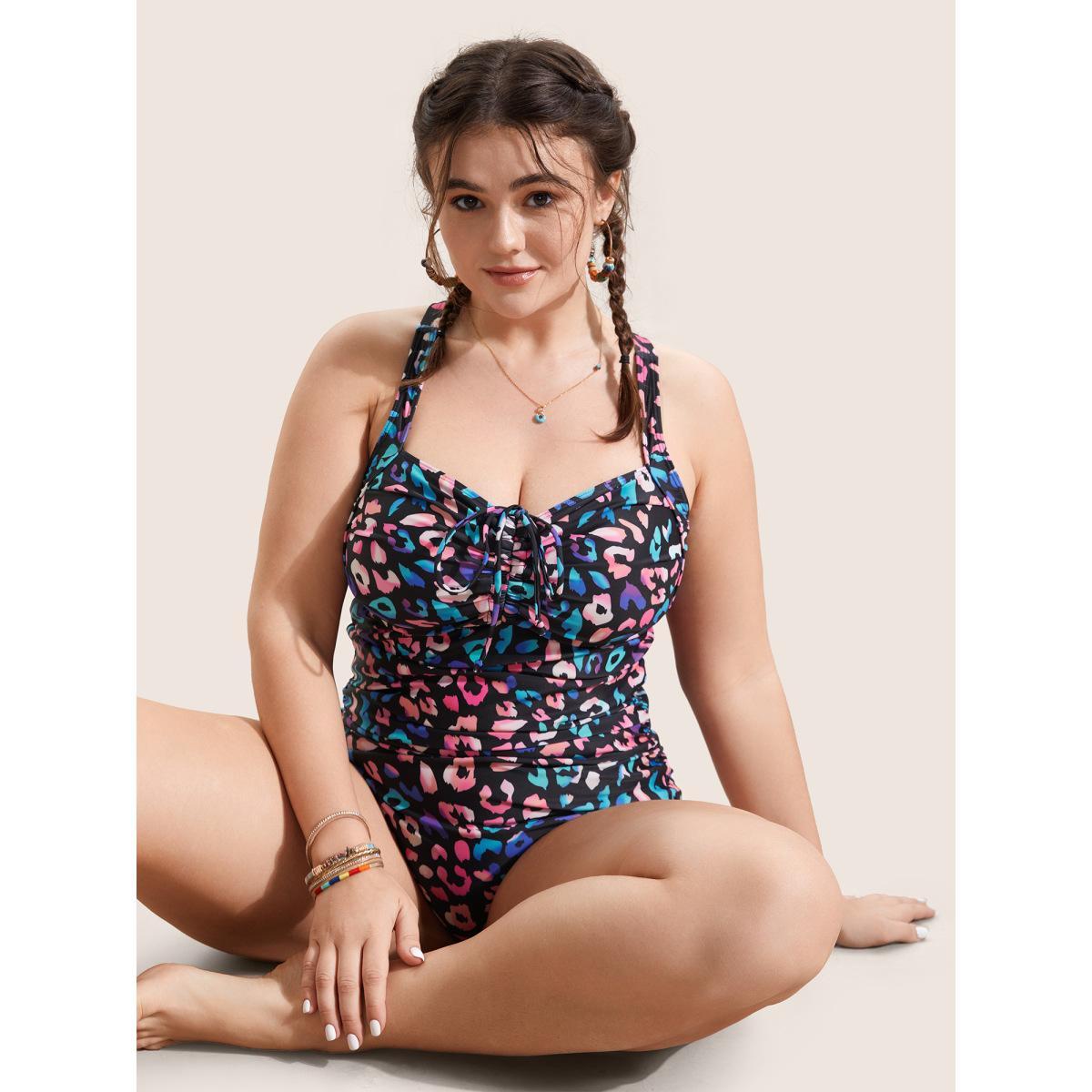 Plus Size Leopard Print Gathered Knotted One Piece Swimsuit Women's Swimwear Multicolor Beach Gathered Curve Bathing Suits High stretch One Pieces BloomChic 10/M Product Image