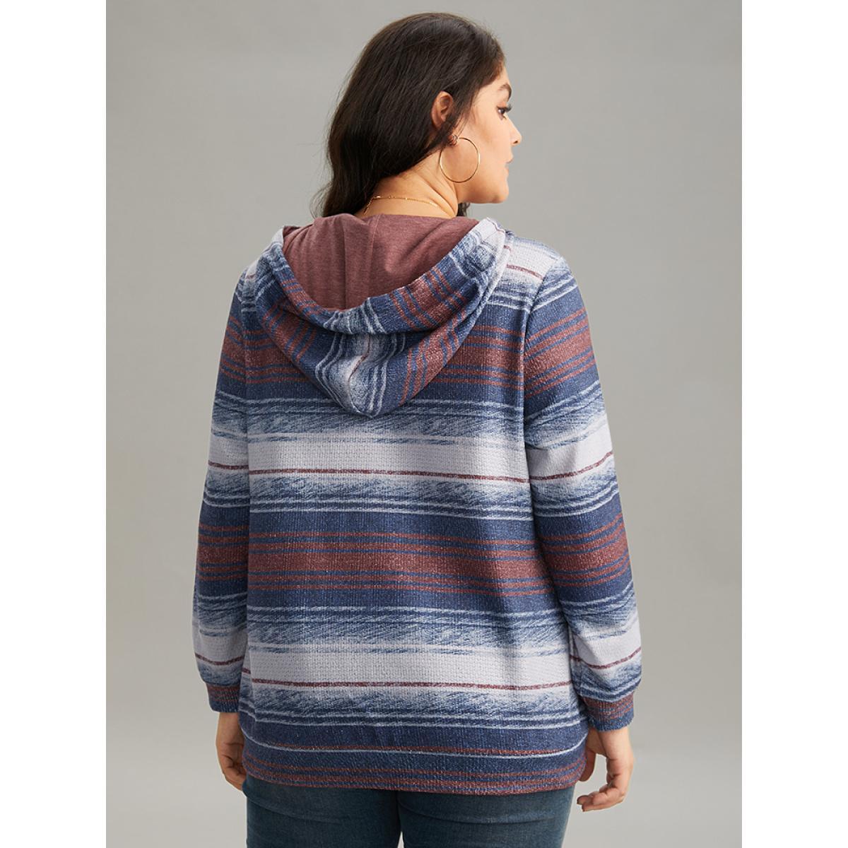 Plus Size Colour Striped Hooded Pocket Half Zip Sweatshirt Women Indigo Casual Contrast Hooded Dailywear Sweatshirts BloomChic 26/4X Product Image