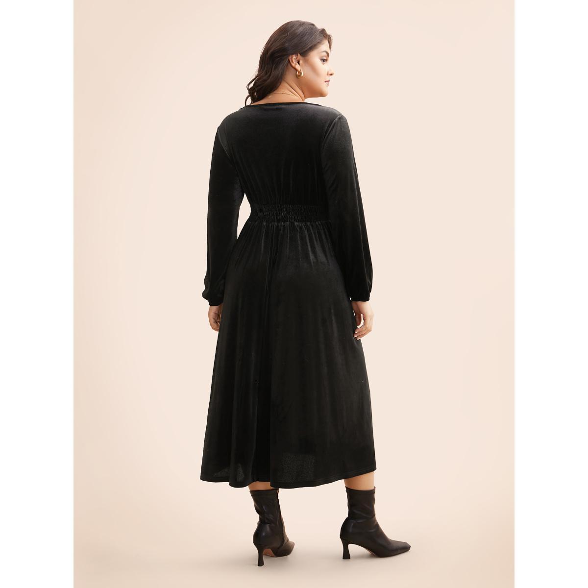Plus Size Velvet Overlap Collar Shirred Gathered Dress Black Women Elegant Texture Overlap Collar Long Sleeve Curvy BloomChic 26/4X Product Image
