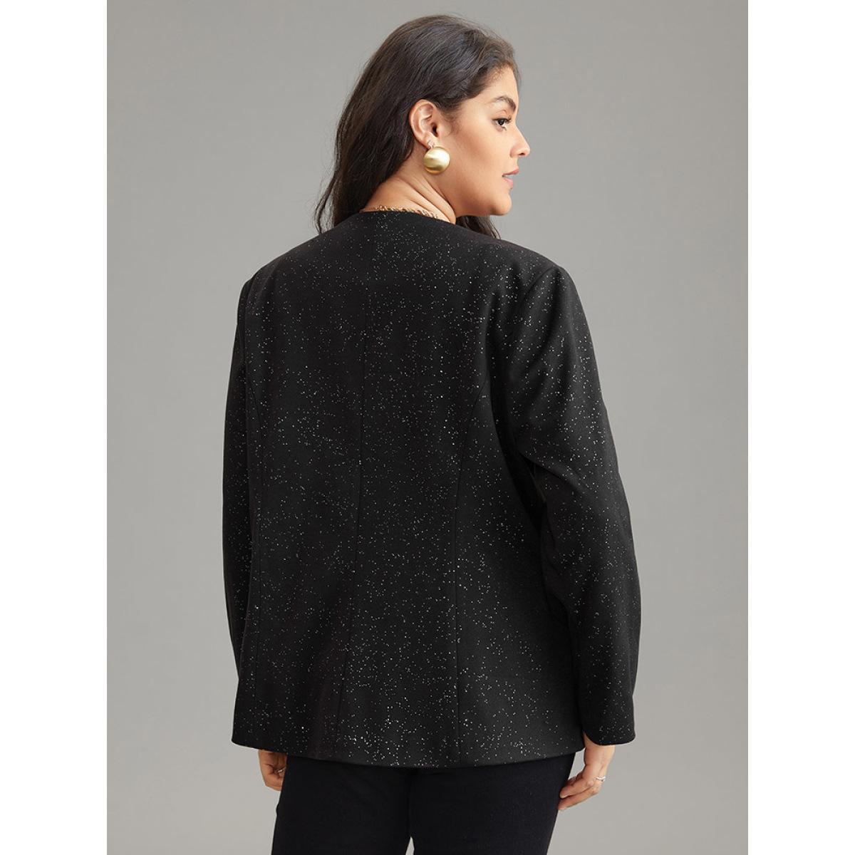 Plus Size Glitter Flap Pocket Button Down Blazer Black Women Dailywear Plain Lined Sleeve Long Sleeve Suit Collar 26/4X Pocket Casual Blazers BloomChic Product Image