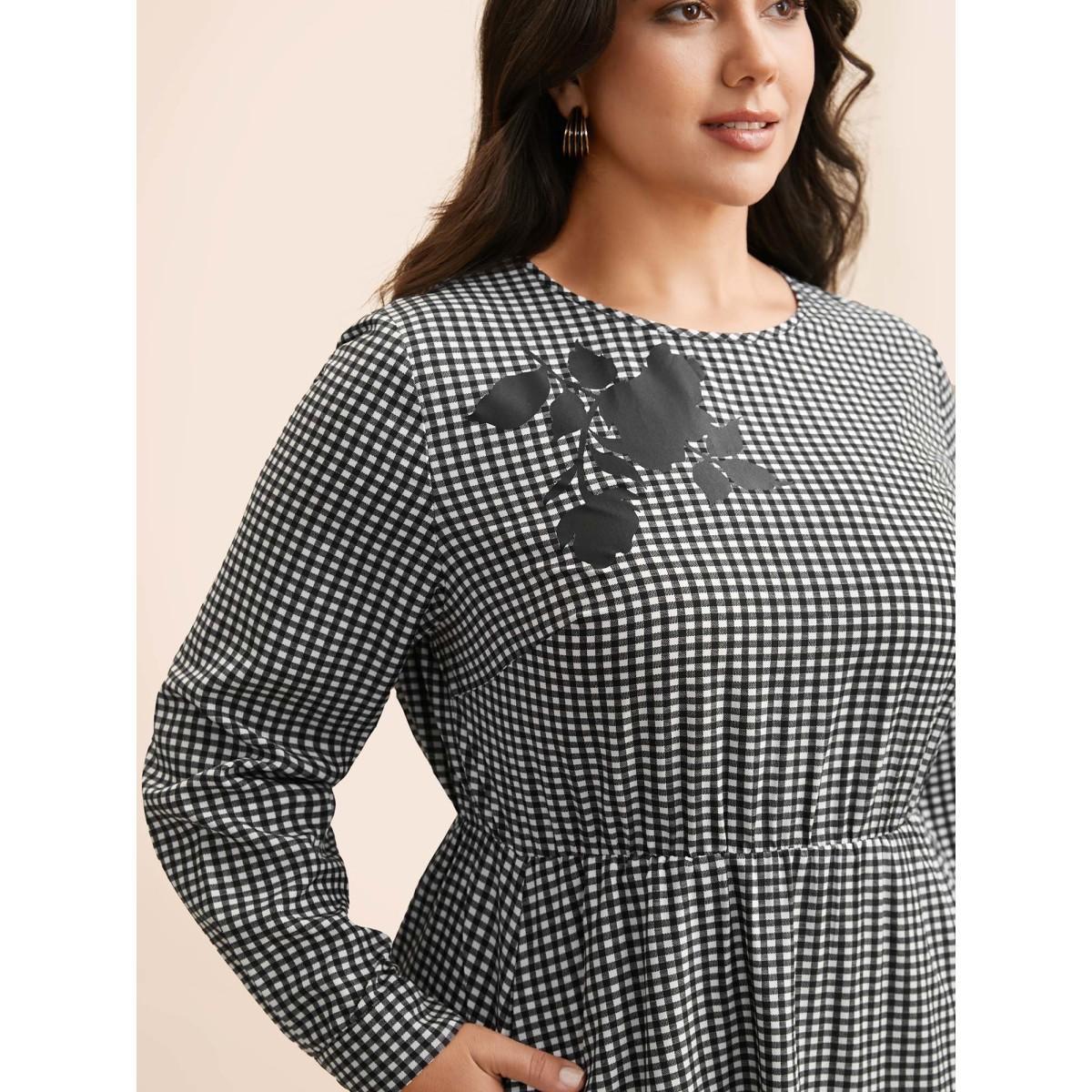 Plus Size Gingham Silhouette Floral Print Midi Dress Black Women Elegant Non Round Neck Long Sleeve Curvy BloomChic 28/5X Product Image