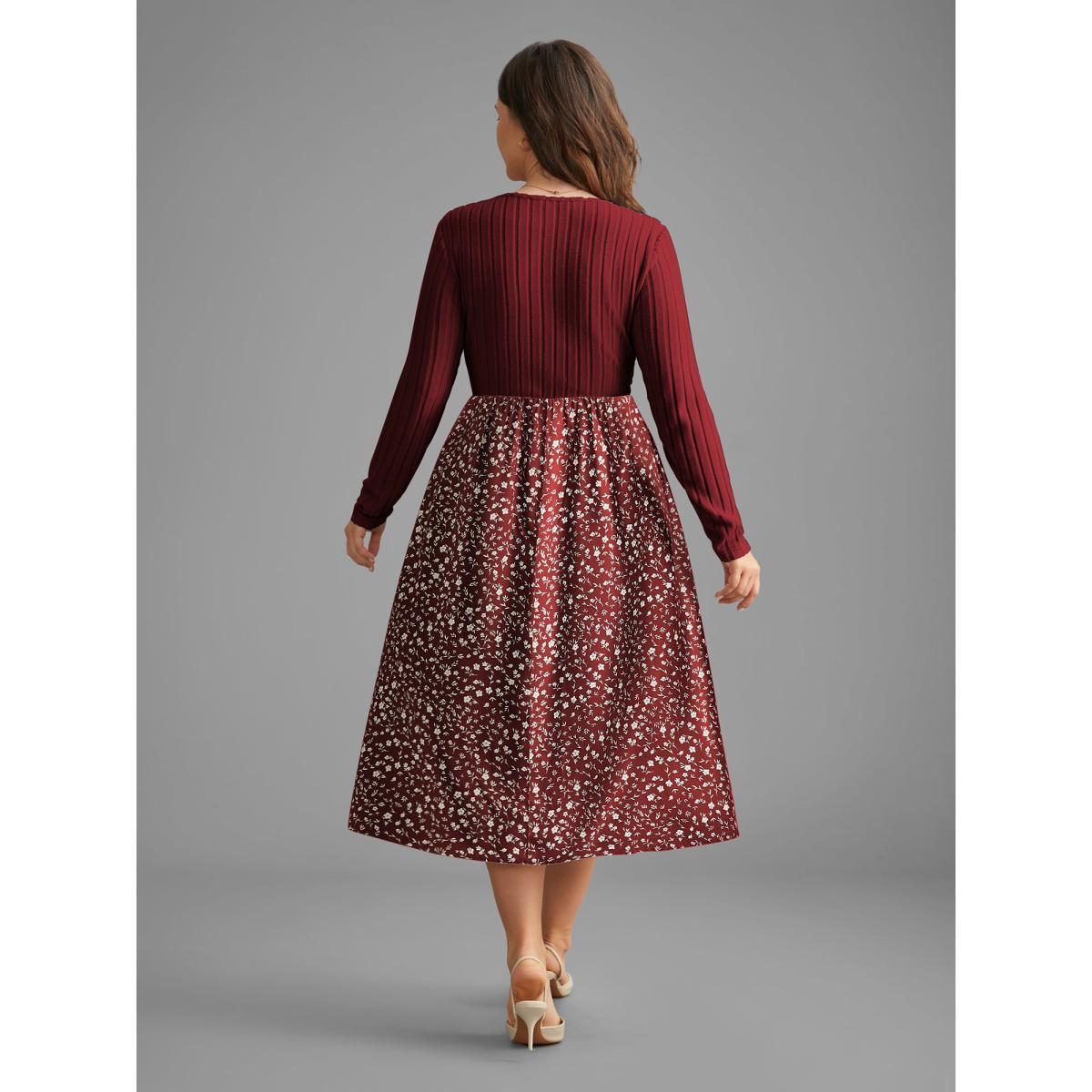 Plus Size Ditsy Floral Patchwork Texture Midi Dress Burgundy Women Elegant Texture V-neck Long Sleeve Curvy BloomChic 14-16/1X Product Image