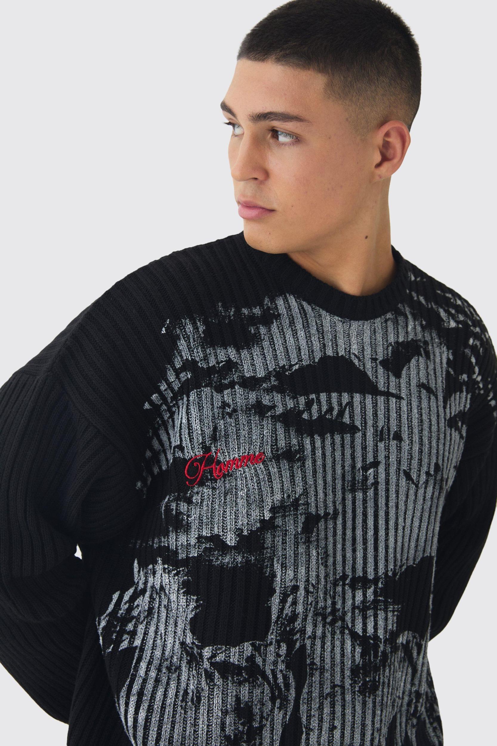 Relaxed Dropped Shoulder Graphic Print Knitted Sweater | boohooMAN USA Product Image