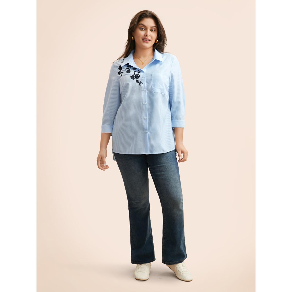 Plus Size LightBlue Floral Embroidered Striped Patched Pocket Blouse Women Elegant Elbow-length sleeve Shirt collar Everyday Blouses BloomChic 18-20/2X Product Image