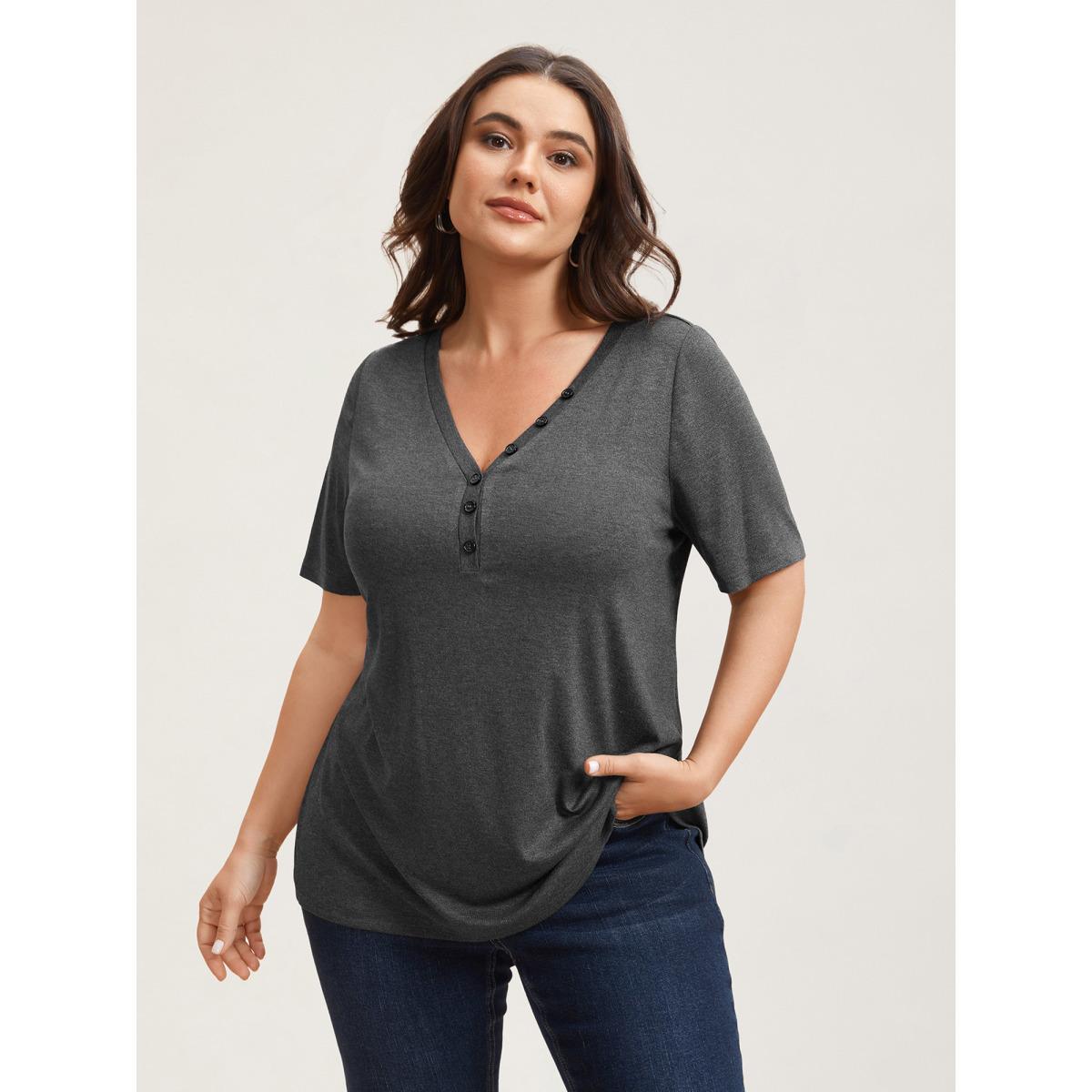 Plus Size Adjustable Neck Coverage Button Placket T-Shirt DimGray Women Casual Button V-neck Everyday T-shirts BloomChic 12/L Product Image