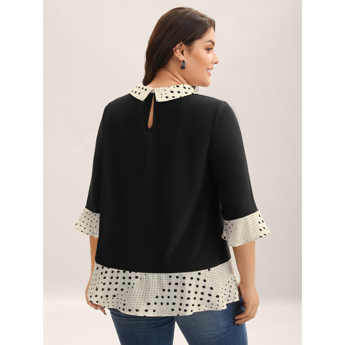 Plus Size Black Sheer Color Contrast Spliced Collar Blouse Women Elbow-length sleeve Shirt collar Work Blouses BloomChic 28/5X Product Image