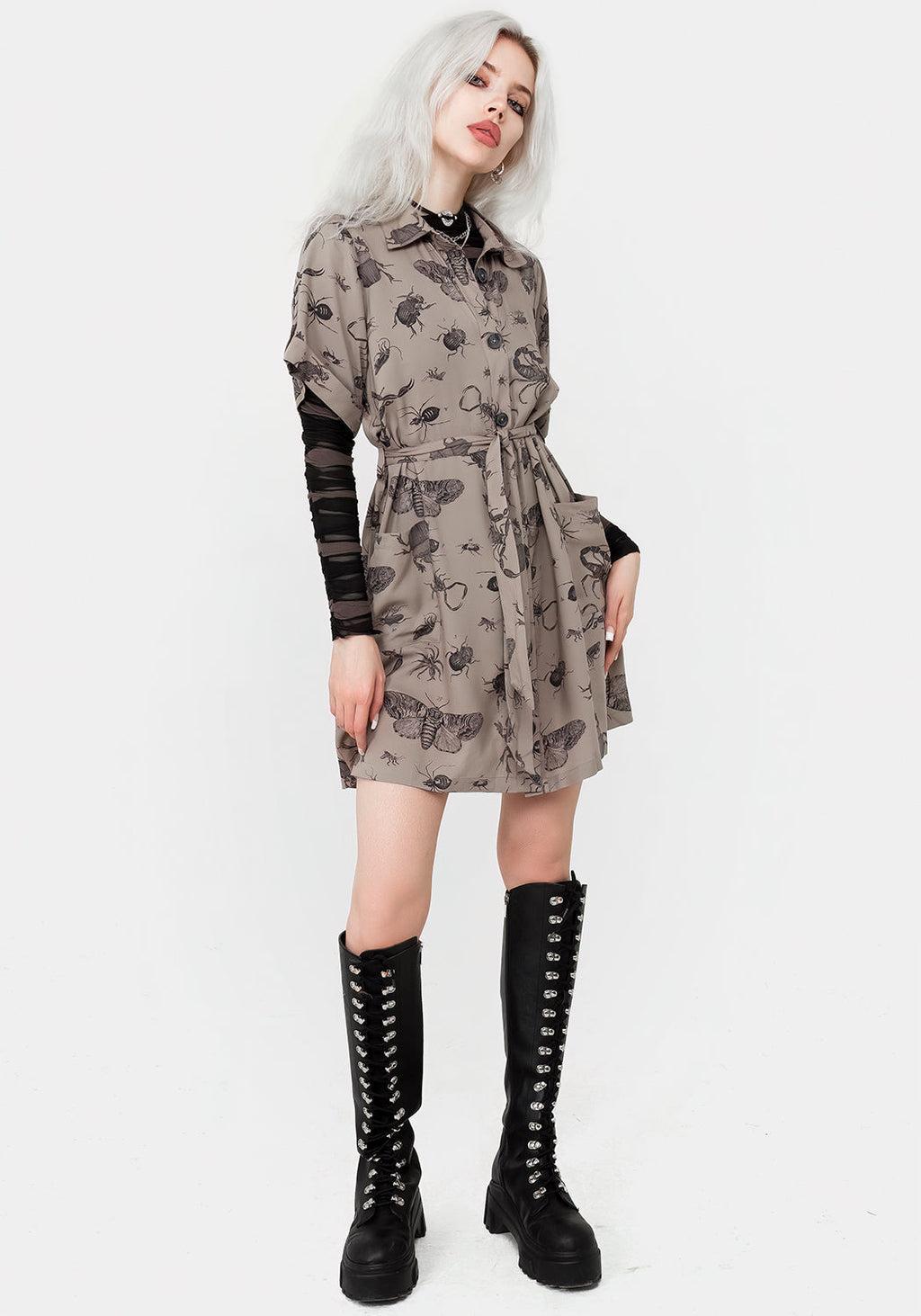 Parasite Bugs Print Mini Short Sleeve Shirt Dress - Taupe Product Image