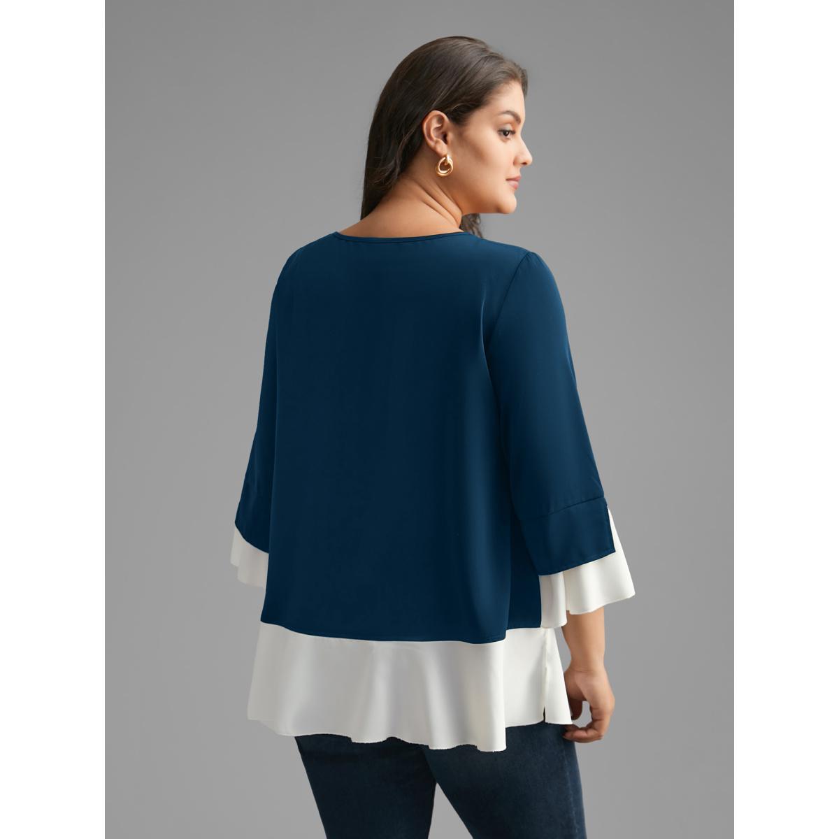Plus Size Indigo Contrast Patchwork Bell Sleeve Blouse Women Elegant Elbow-length sleeve Round Neck Everyday Blouses BloomChic 14-16/1X Product Image