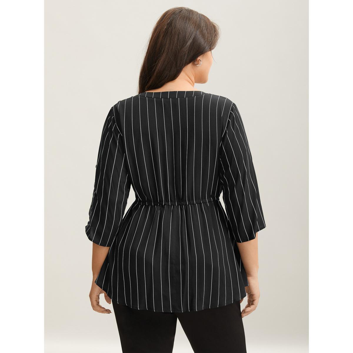 Plus Size Black Striped Waist-Tie Pockets Blouse Women At the Office Elbow-length sleeve Notched collar Work Blouses BloomChic 30/6X Product Image