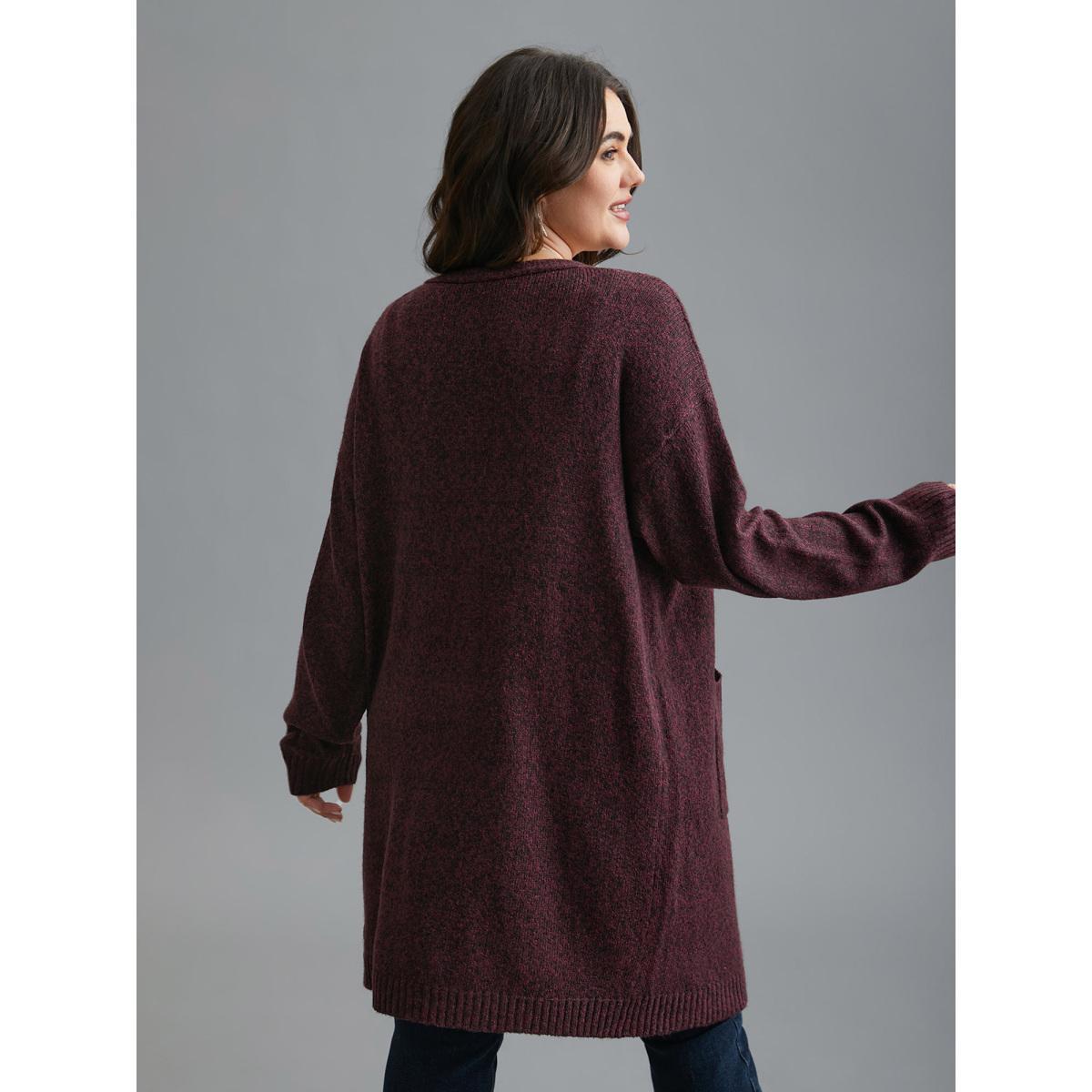 Plus Size Solid Patch Pocket Long Knit Cardigan Deepred Women Casual Loose Long Sleeve Everyday Cardigans BloomChic 12/L Product Image
