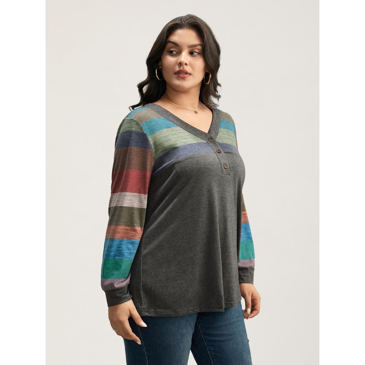 Plus Size Colorblock Contrast V Neck Button Up T-shirt Multicolor Women Casual Elastic cuffs Striped V-neck Everyday T-shirts BloomChic 12/L Product Image