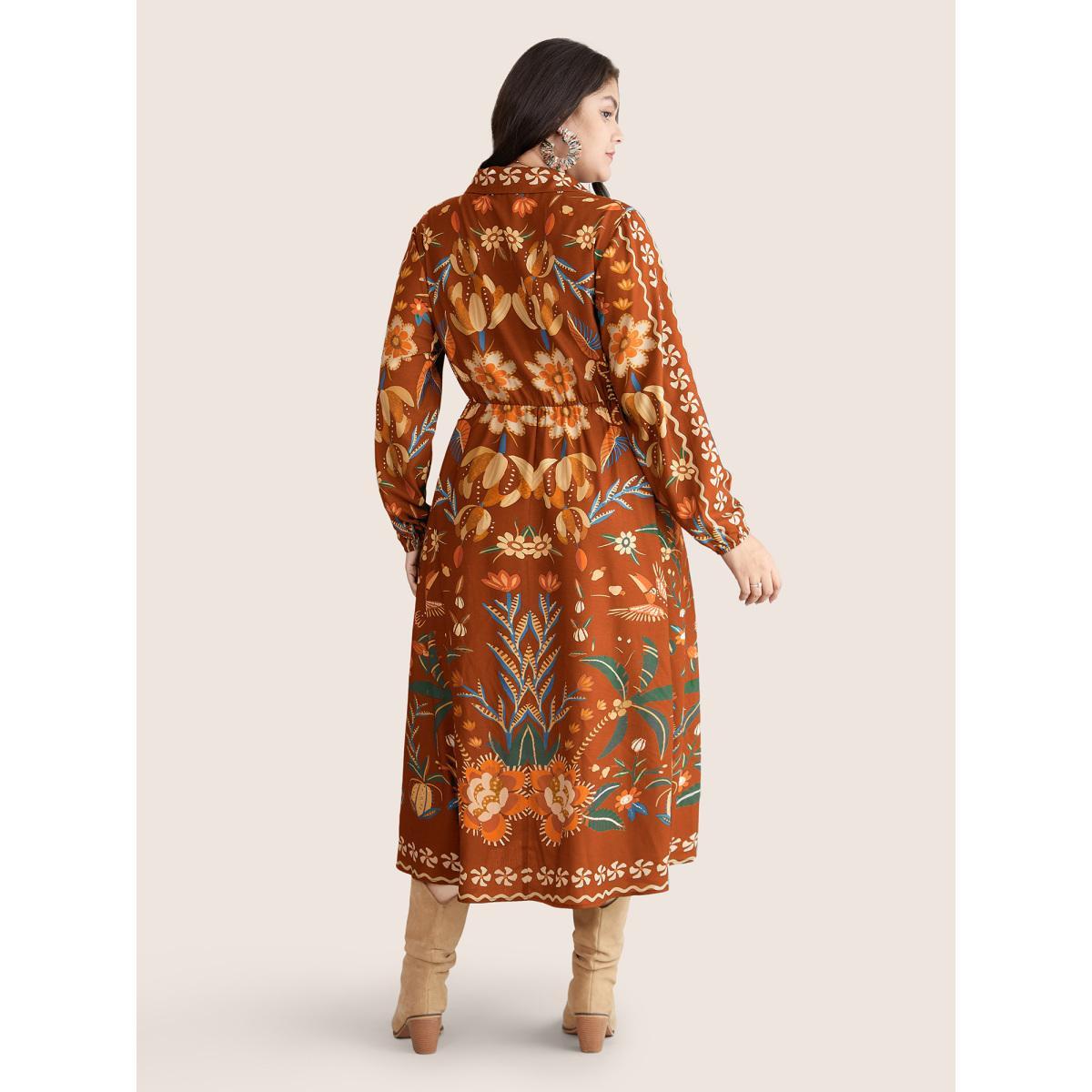 Plus Size Bandana Print Pocket Lapel Collar Elastic Cuffs Dress Brightorange Women Resort Non V-neck Long Sleeve Curvy Midi Dress BloomChic 14-16/1X Product Image