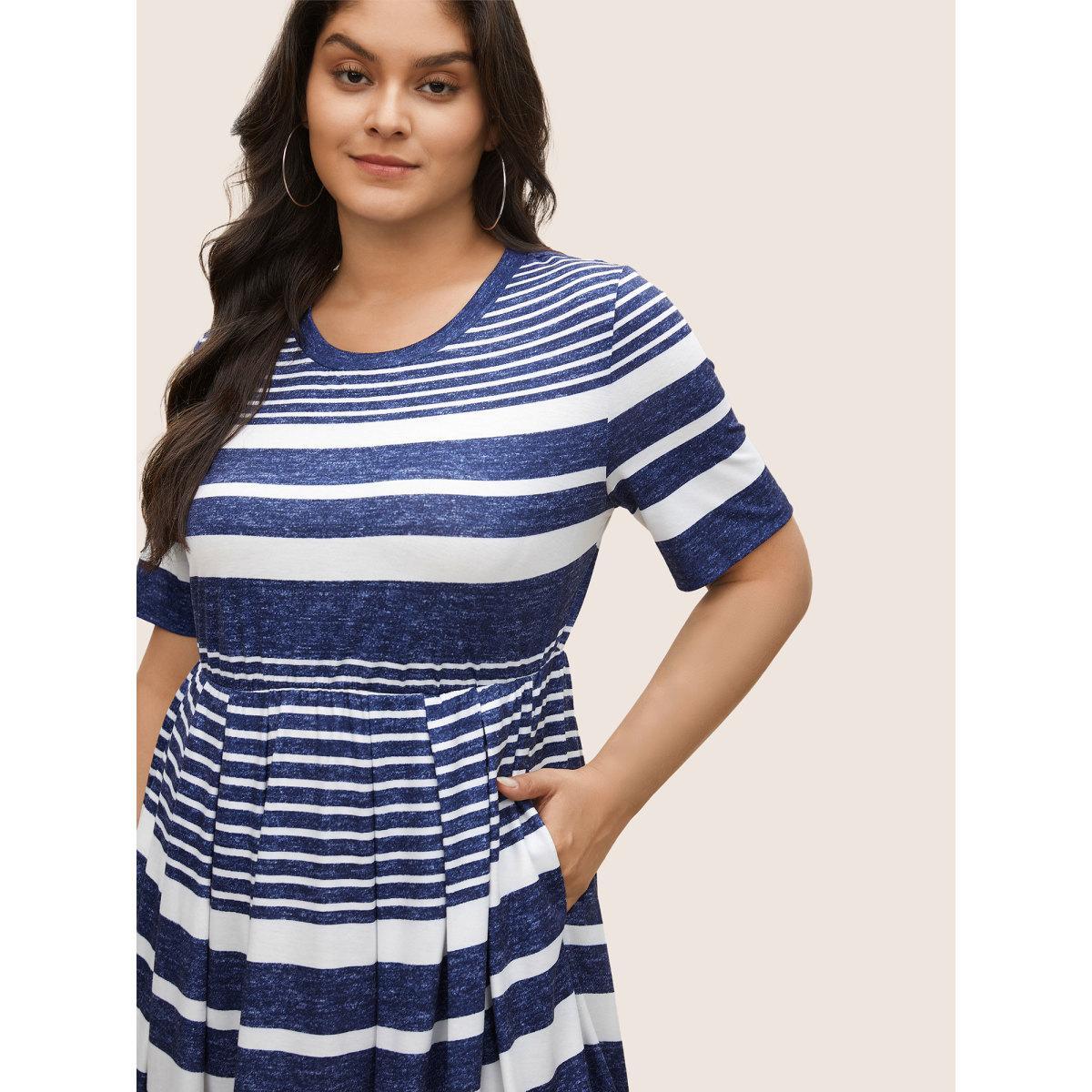 Plus Size Striped Plicated Detail Pocket Elastic Waist Dress DarkBlue Women Casual Non Round Neck Short sleeve Curvy Midi Dress BloomChic 18-20/2X Product Image