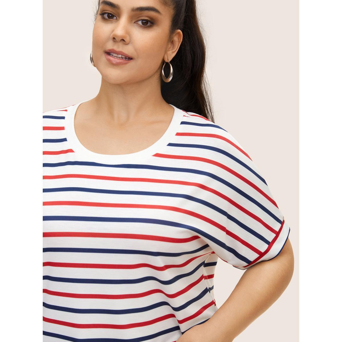 Plus Size Crew Neck Contrast Striped Batwing Sleeve T-shirt Multicolor Women Casual Contrast Round Neck Everyday T-shirts BloomChic 18-20/2X Product Image
