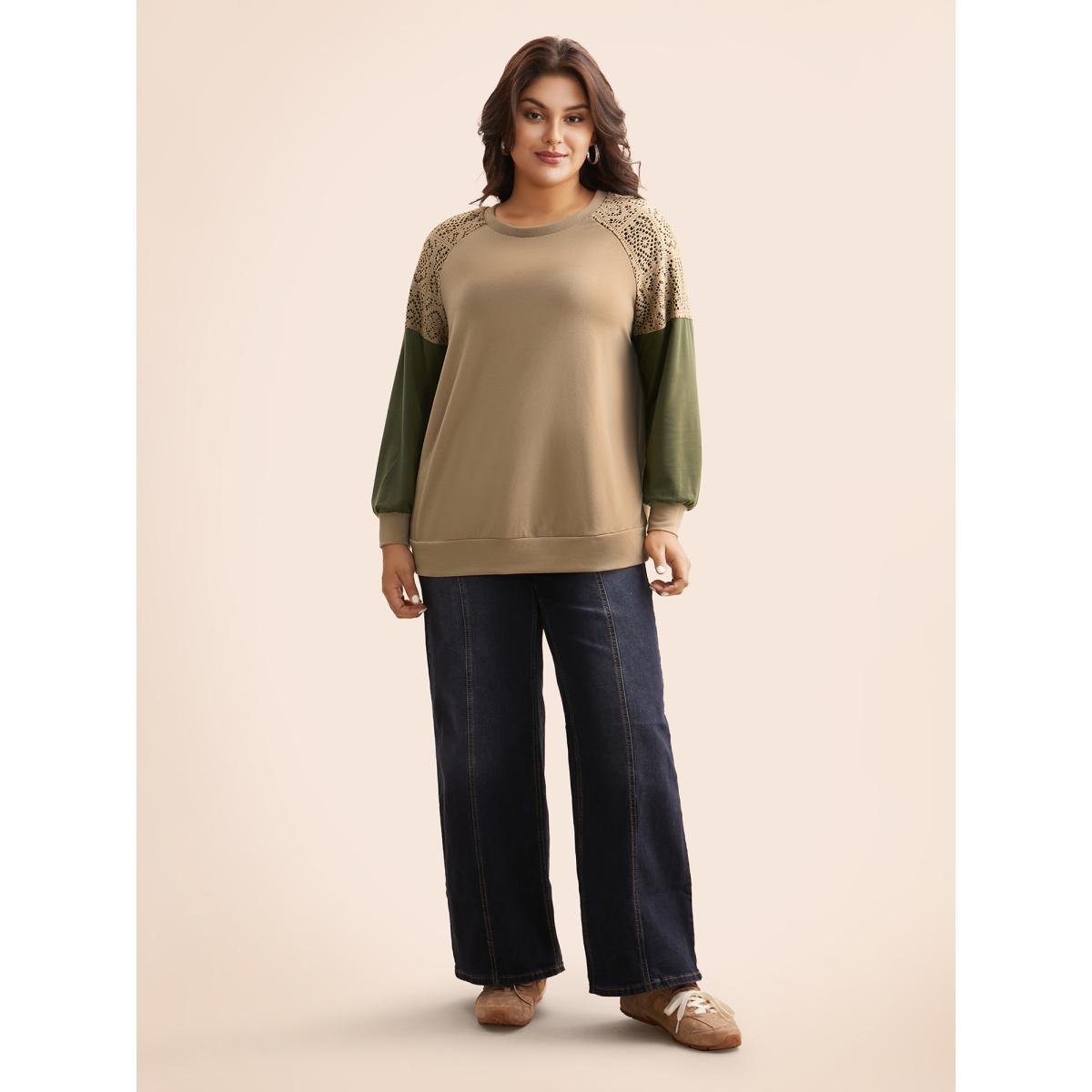 Plus Size Lace Patchwork Contrast Raglan Sleeve Sweatshirt Women Tan Casual Contrast Round Neck Everyday Sweatshirts BloomChic 18-20/2X Product Image