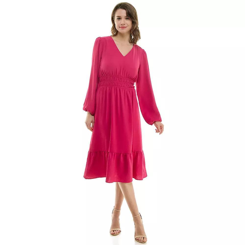 Women's Luxology Smocked Waist V Neck Midi Dress, Size: Large, Clay Product Image