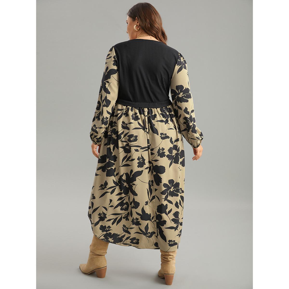Plus Size Silhouette Floral Print Rib Knit Patchwork Dress LightBrown Women Elegant Elastic cuffs V-neck Long Sleeve Curvy Midi Dress BloomChic 28/5X Product Image