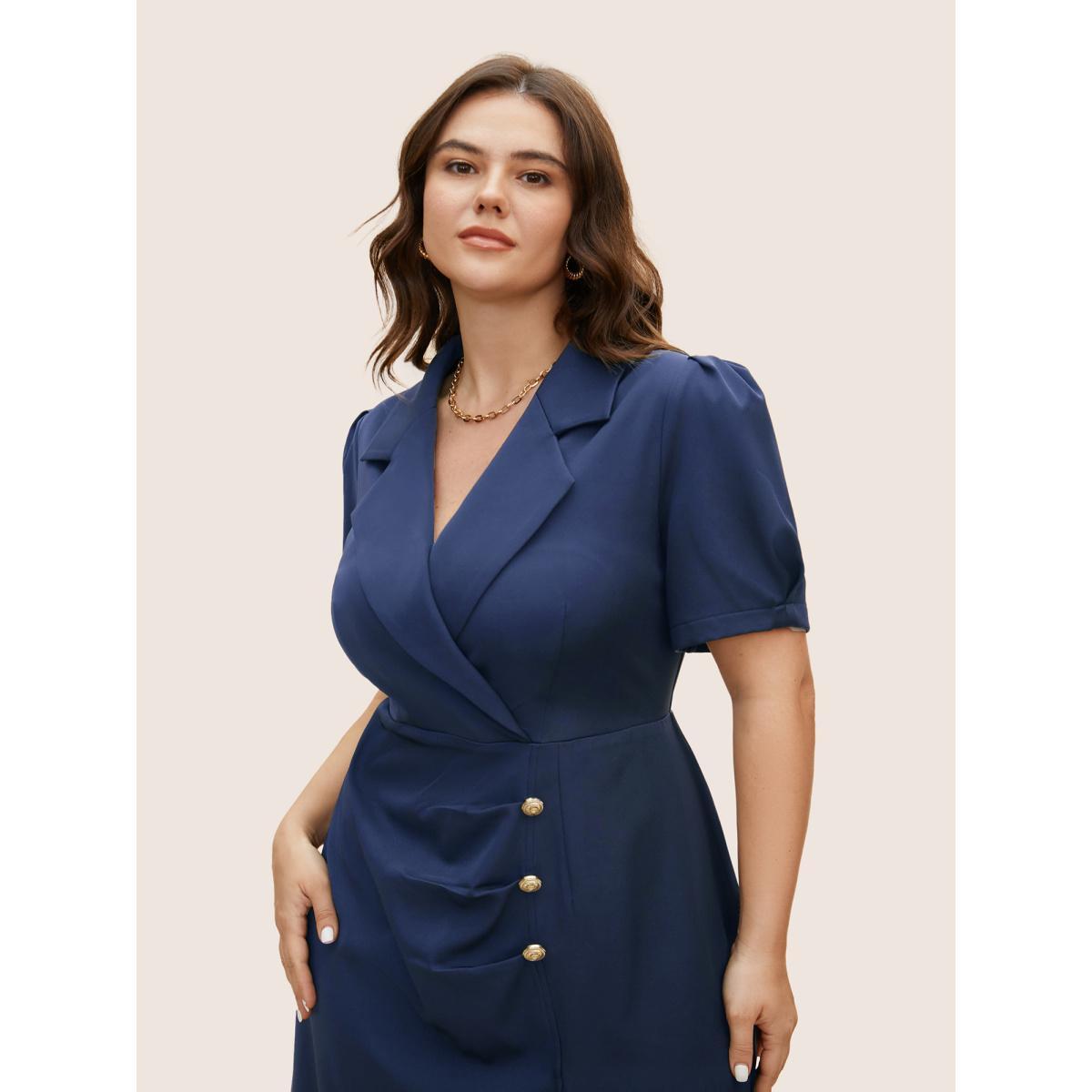 Plus Size Suit Collar Metal Detail Lantern Sleeve Dress Mediumblue Women Workwear Essentials Button Suit Collar Sleeveless Curvy BloomChic 28/5X Product Image