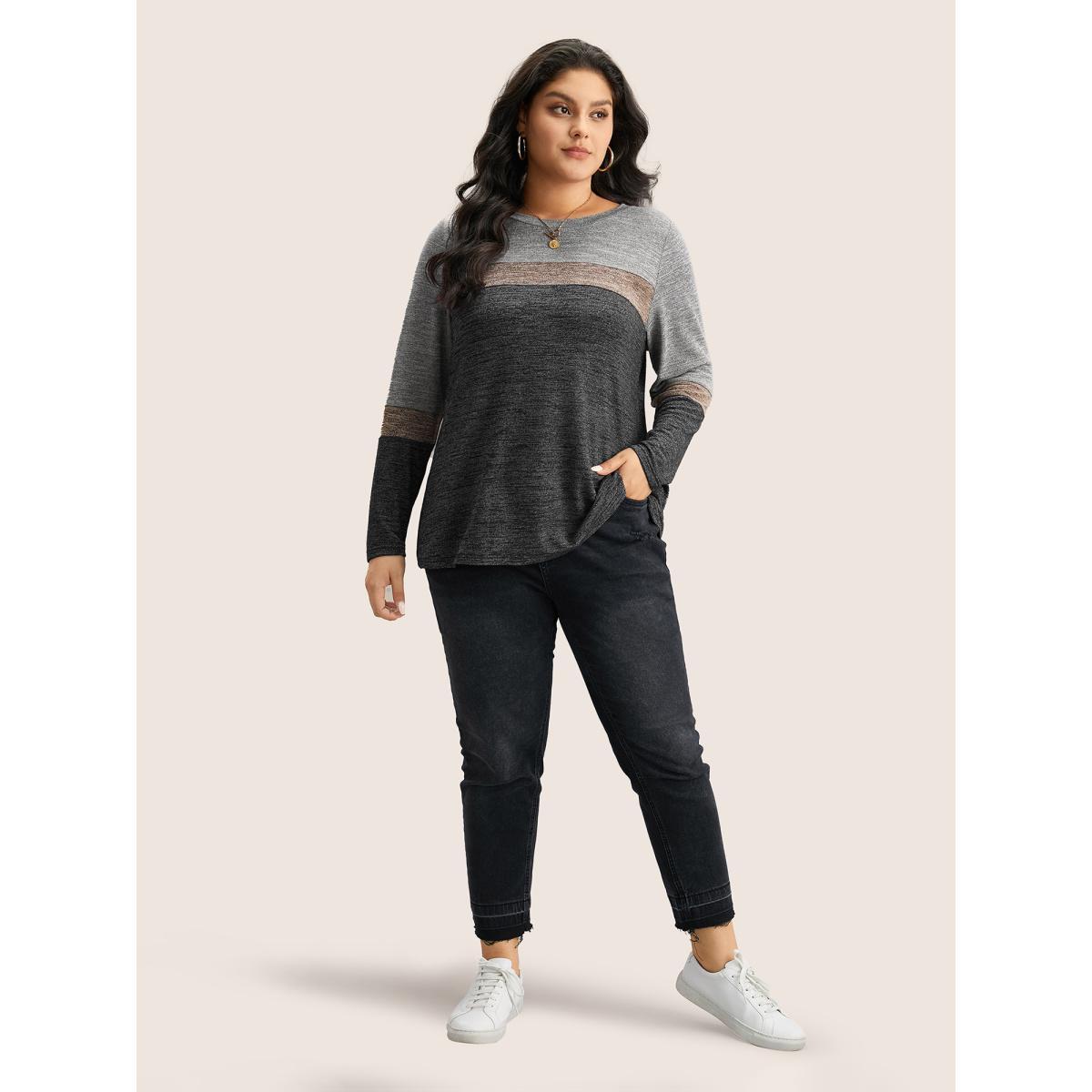 Plus Size Heather Colorblock Contrast Crew Neck T-shirt Gray Women Casual Texture Plain Round Neck Everyday T-shirts BloomChic 10/M Product Image